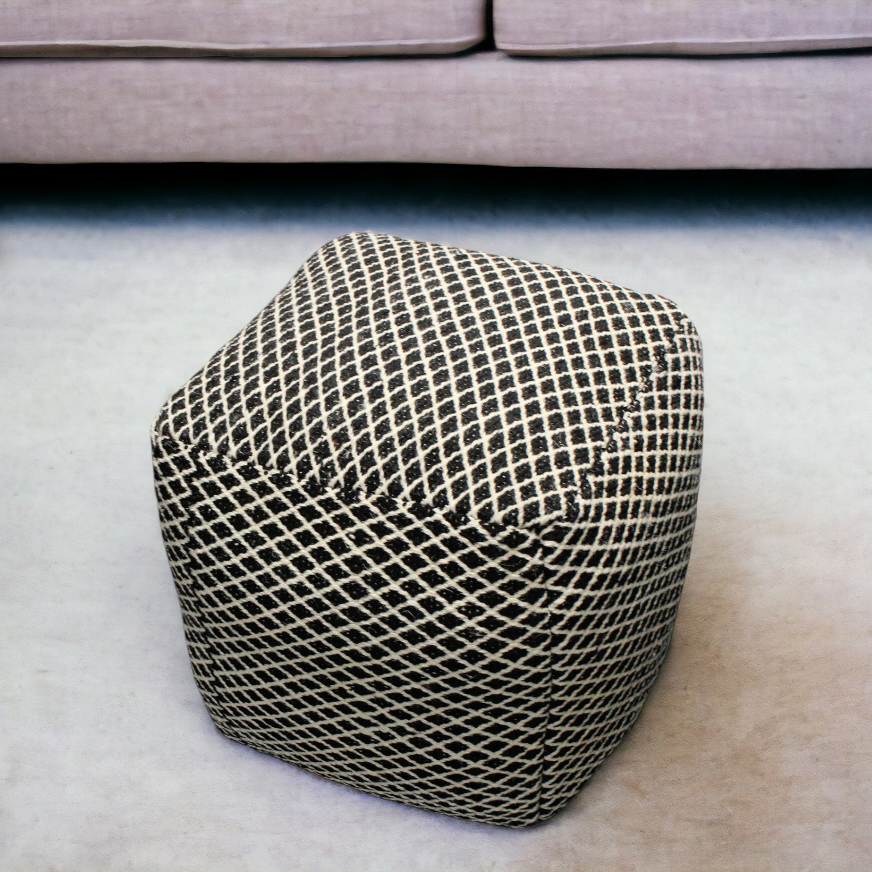 18" Black and Ivory Wool Cube Geometric Pouf Ottoman-Ottomans-DECOROLALA