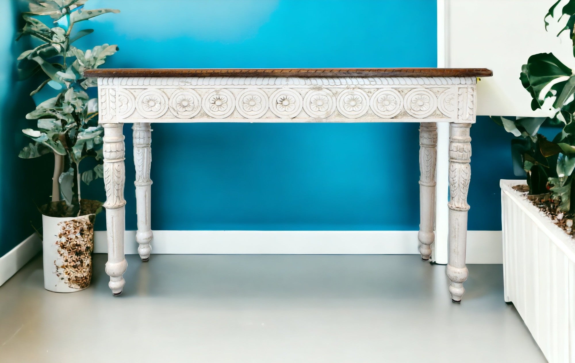 48" Natural and White Solid Wood Distressed Console Table-Console Tables-DECOROLALA