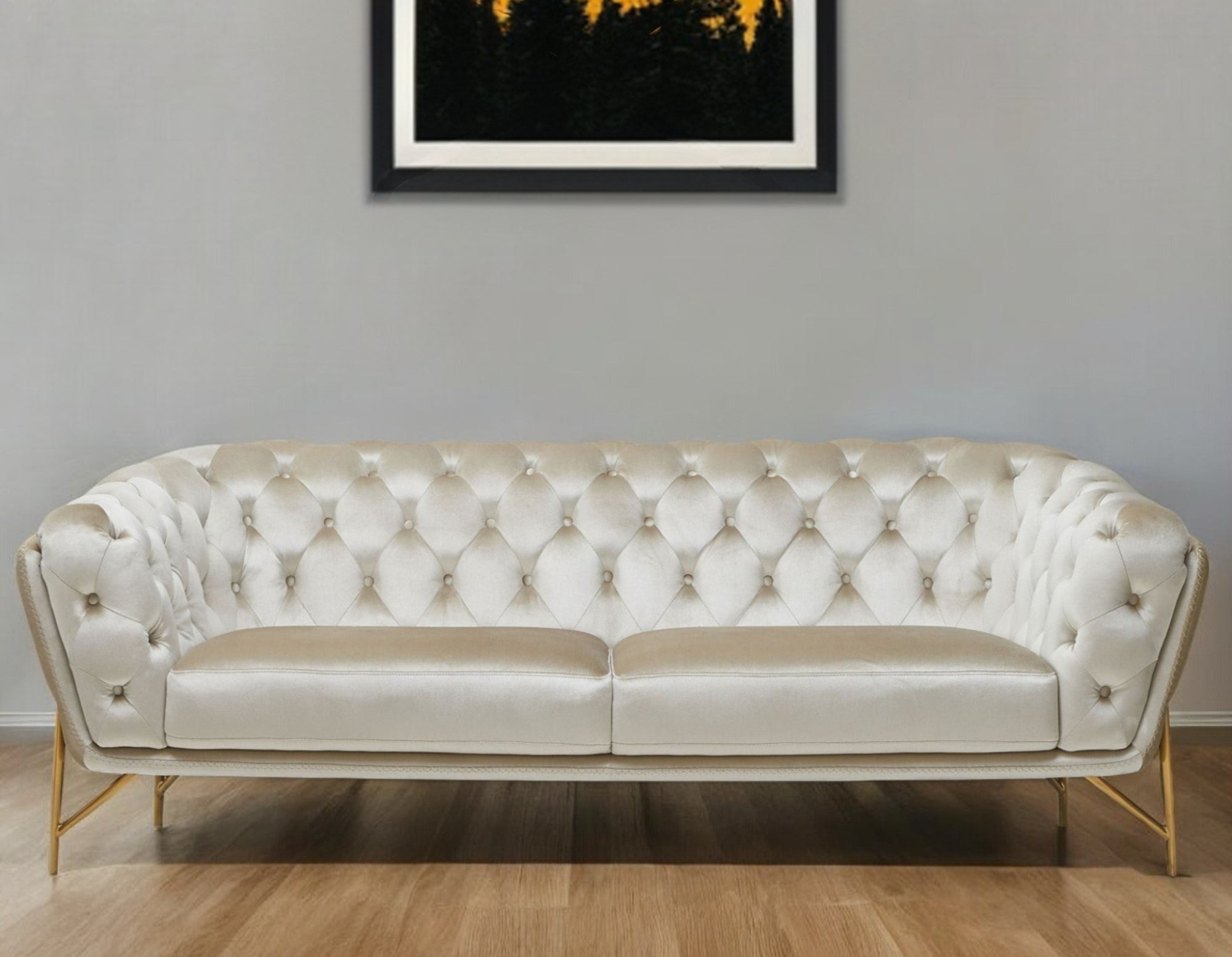 88" Beige Velvet Sofa With Gold Legs-0