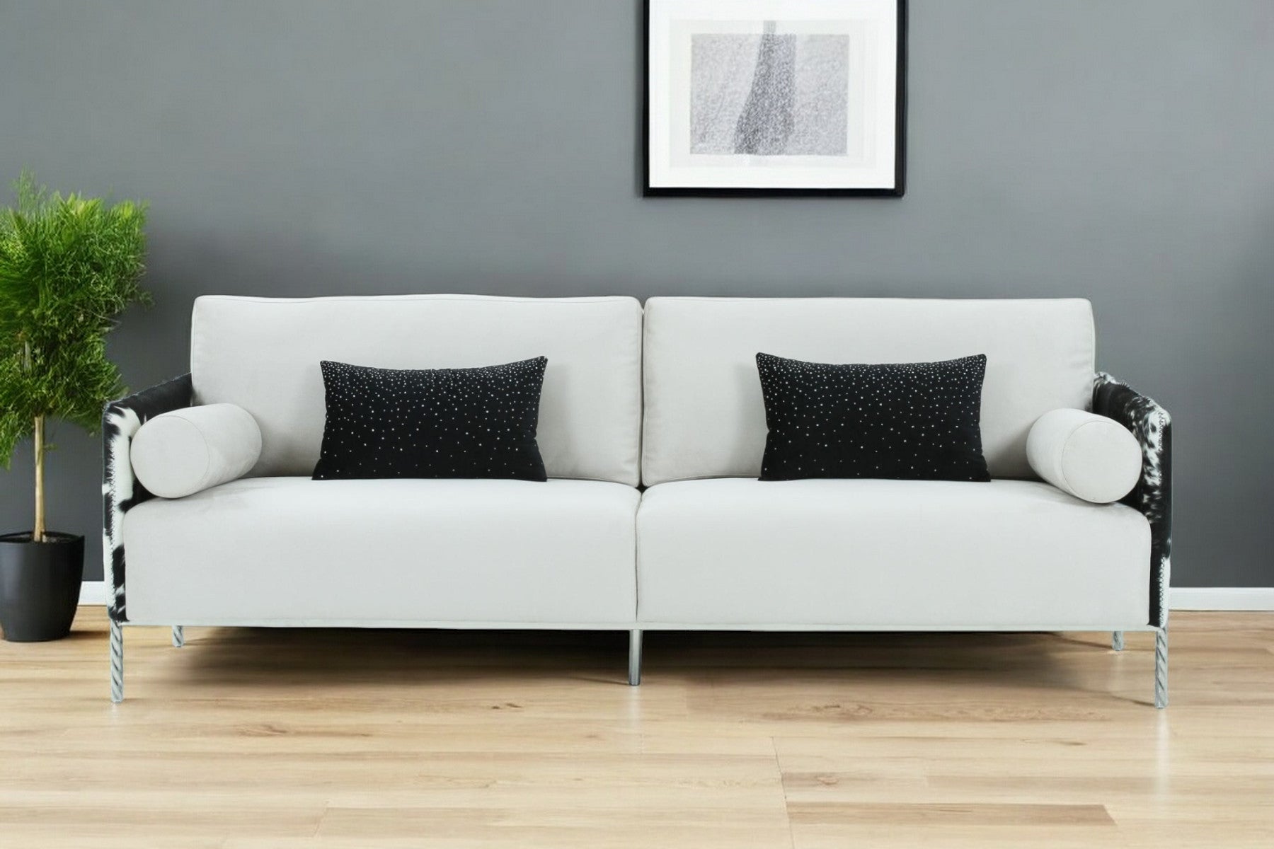 89" White Sofa And Toss Pillows With Silver Legs-0