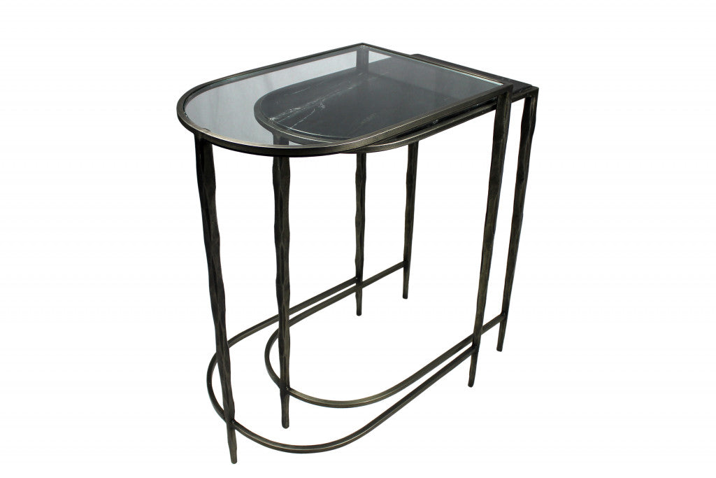 Set of Two 25" Black And Clear Glass And Genuine Marble Half Circle Three Leg Console Table-Console Tables-DECOROLALA