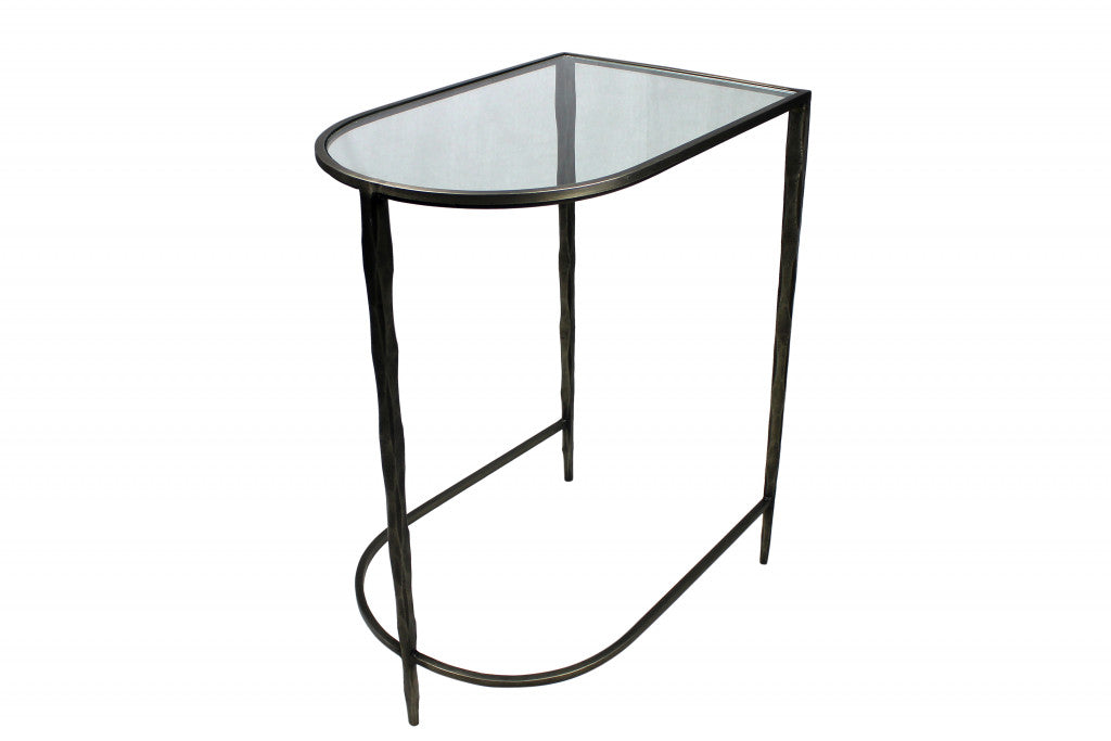 Set of Two 25" Black And Clear Glass And Genuine Marble Half Circle Three Leg Console Table-Console Tables-DECOROLALA