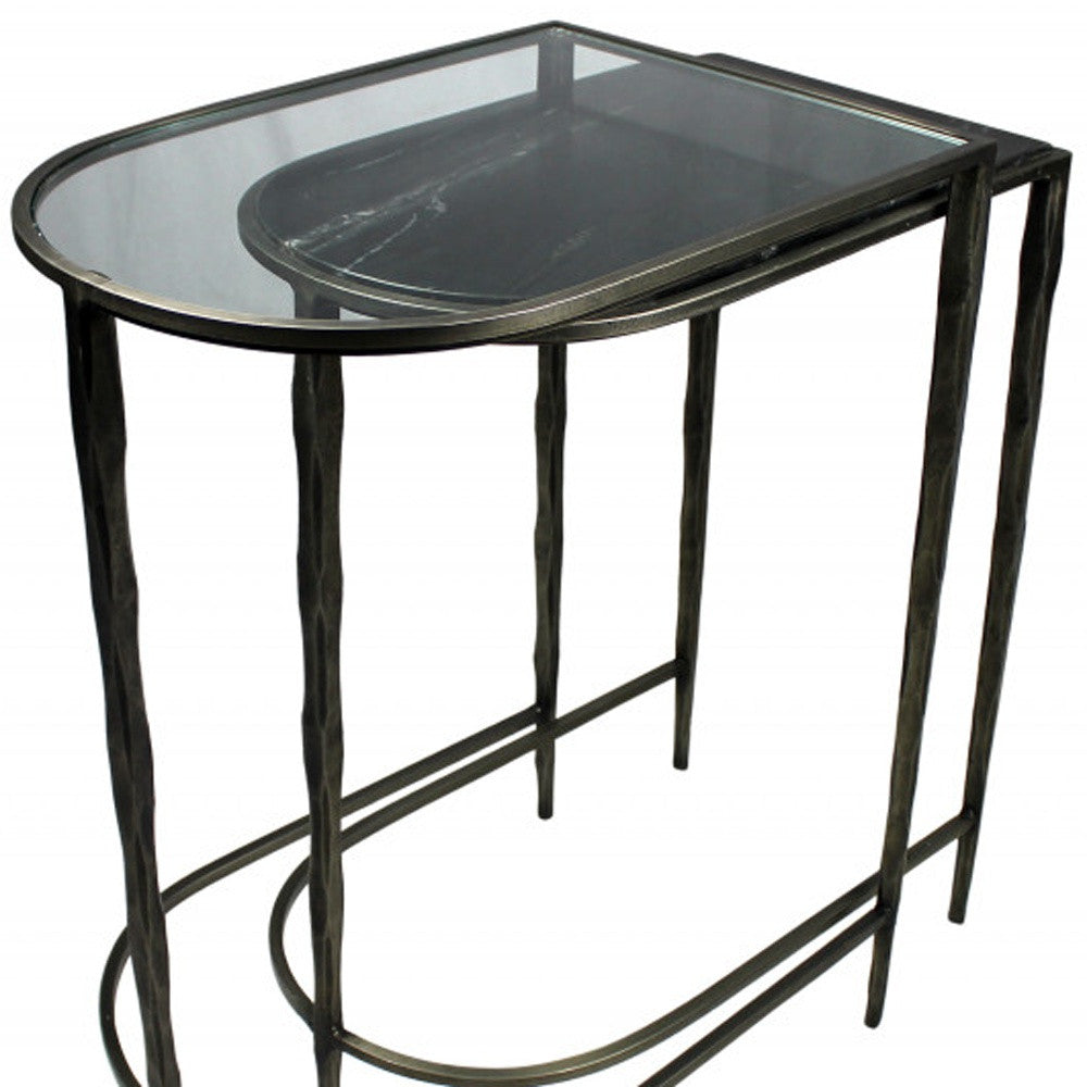 Set of Two 25" Black And Clear Glass And Genuine Marble Half Circle Three Leg Console Table-Console Tables-DECOROLALA