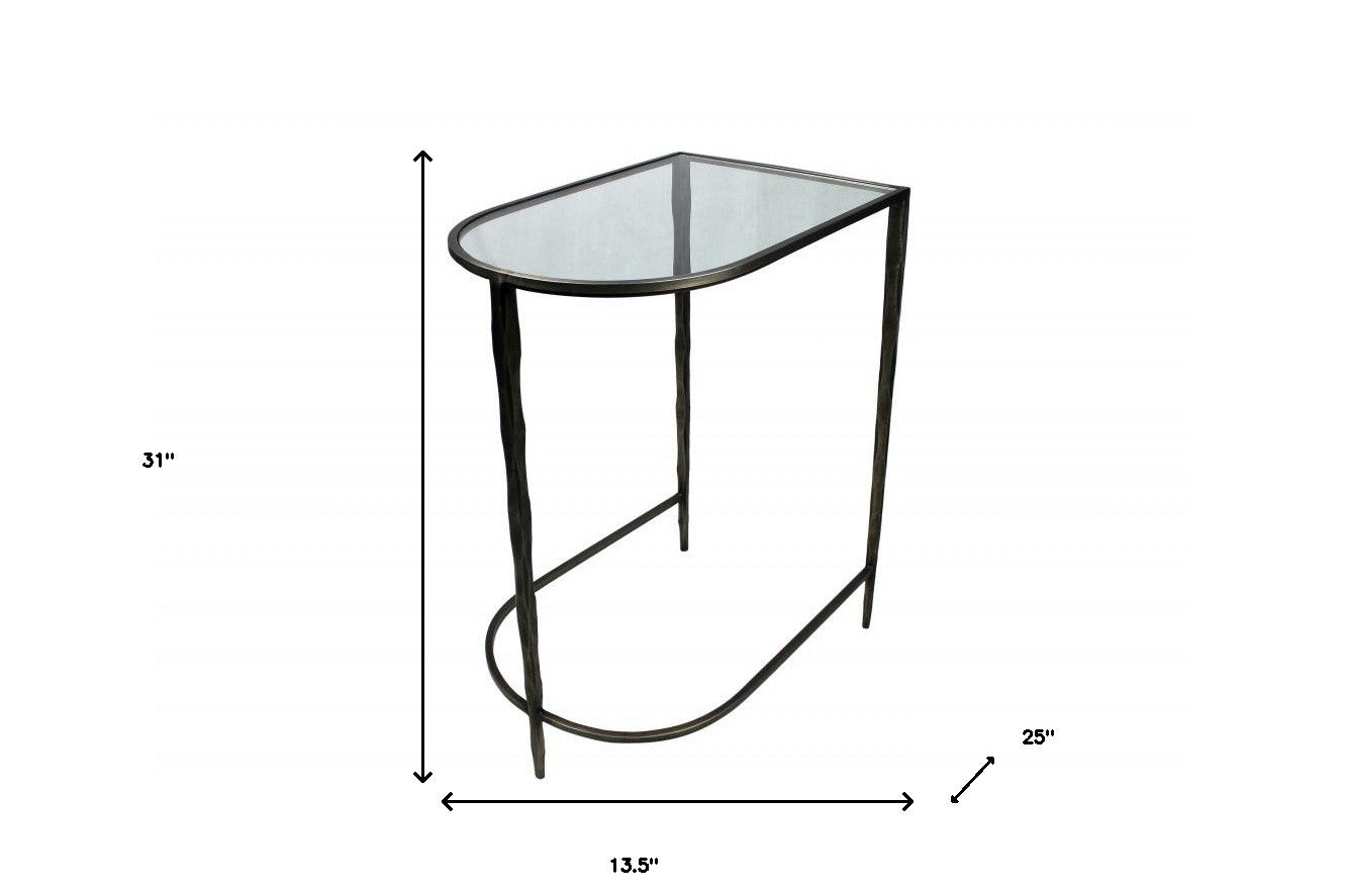 Set of Two 25" Black And Clear Glass And Genuine Marble Half Circle Three Leg Console Table-Console Tables-DECOROLALA