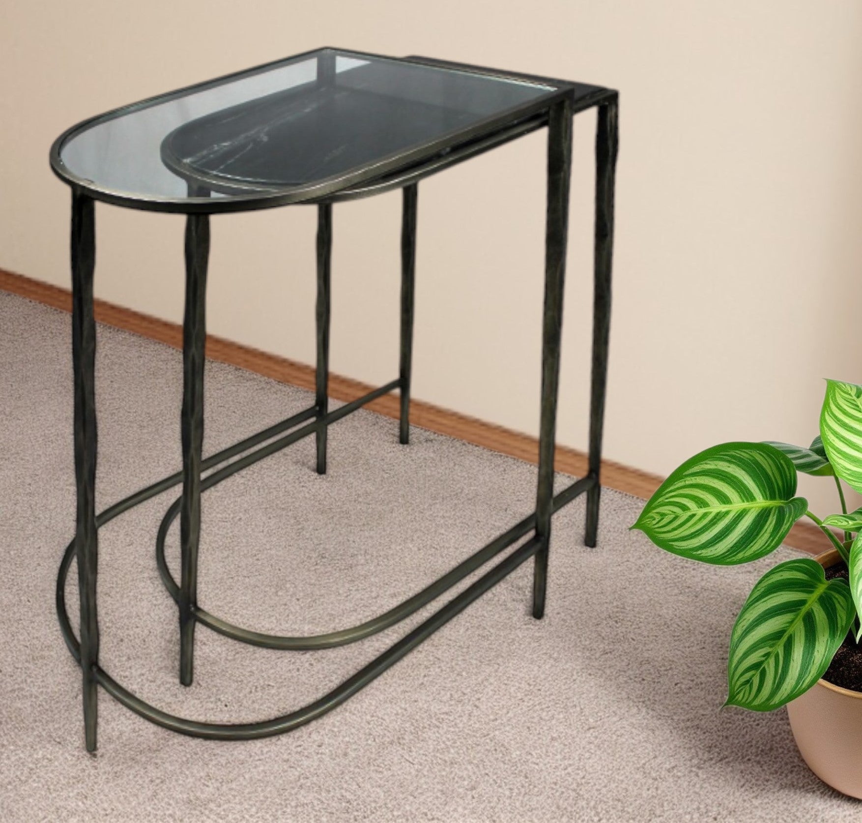 Set of Two 25" Black And Clear Glass And Genuine Marble Half Circle Three Leg Console Table-Console Tables-DECOROLALA