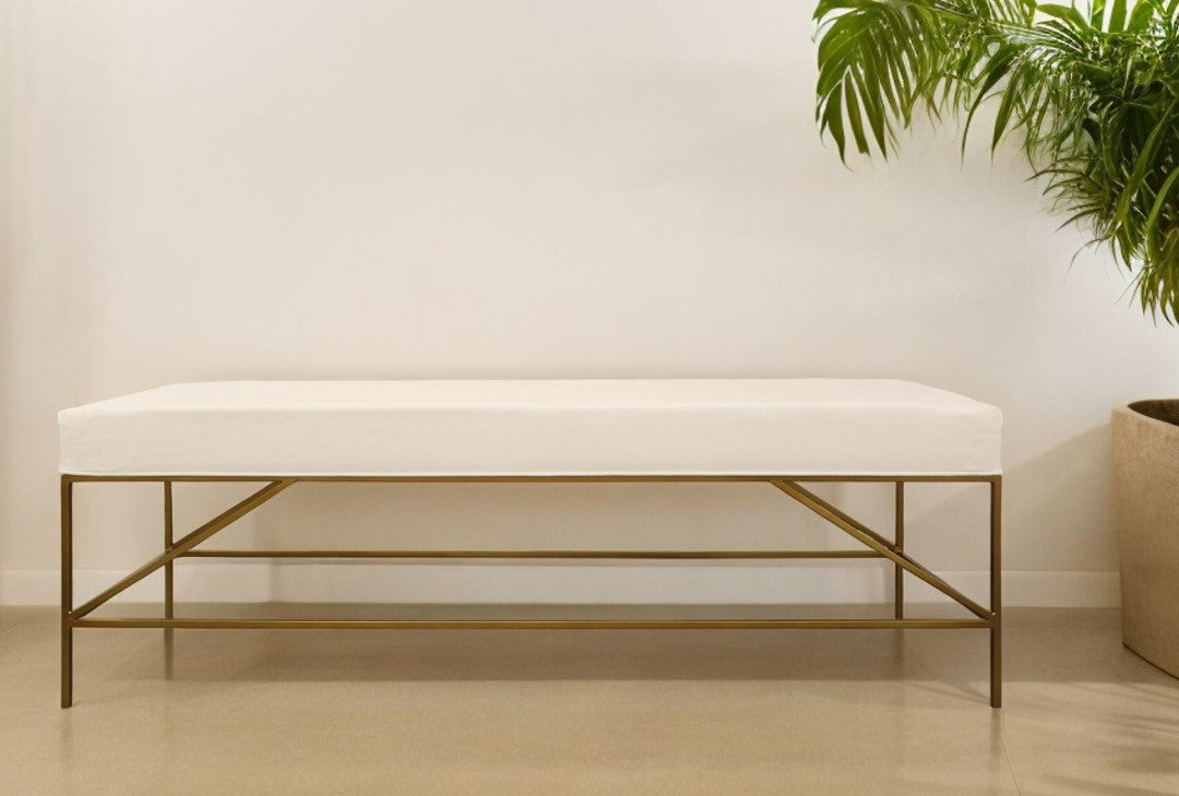 58" Ivory and Gold Upholstered Linen Bench-Benches-DECOROLALA