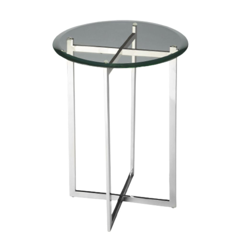 21" Clear And Silver Glass and Stainless Steel Round End Table-End-Side Tables-DECOROLALA