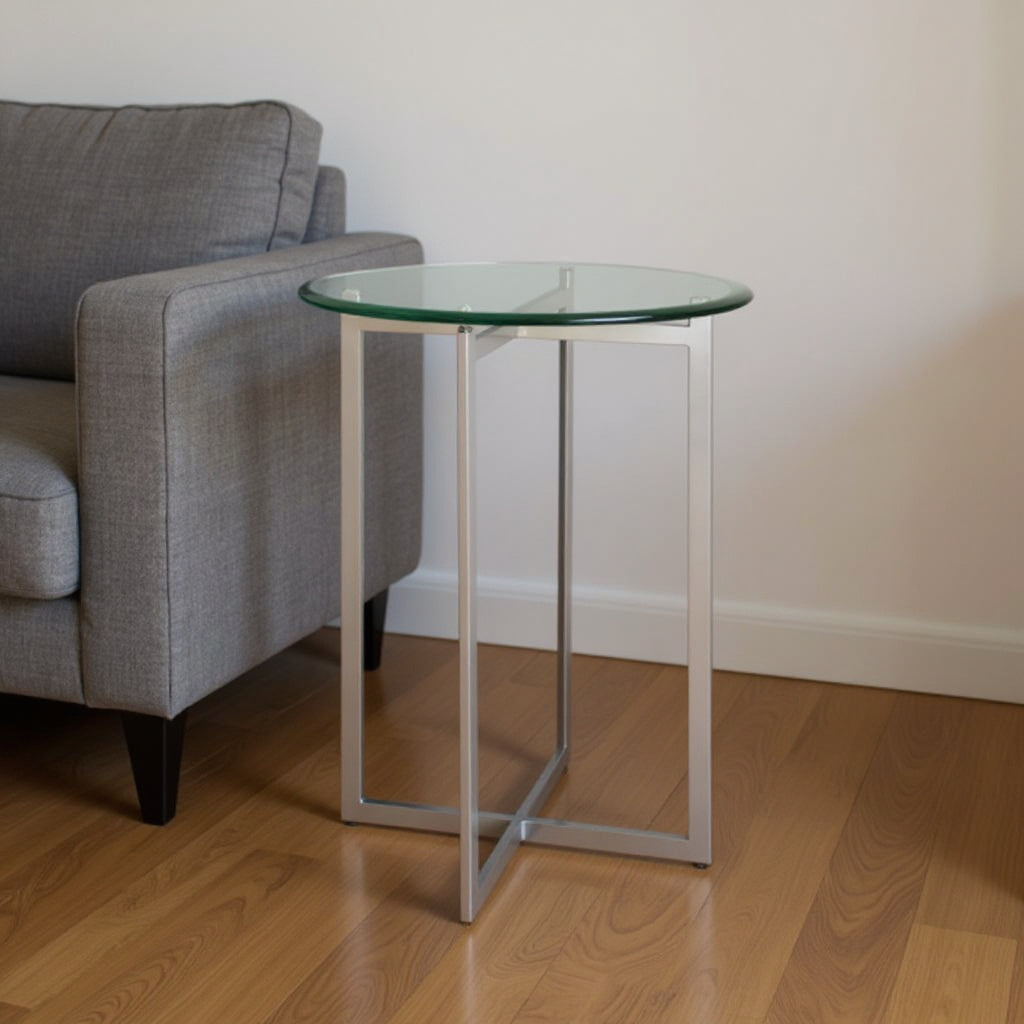 21" Clear And Silver Glass and Stainless Steel Round End Table-End-Side Tables-DECOROLALA