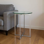 21" Clear And Silver Glass and Stainless Steel Round End Table-End-Side Tables-DECOROLALA