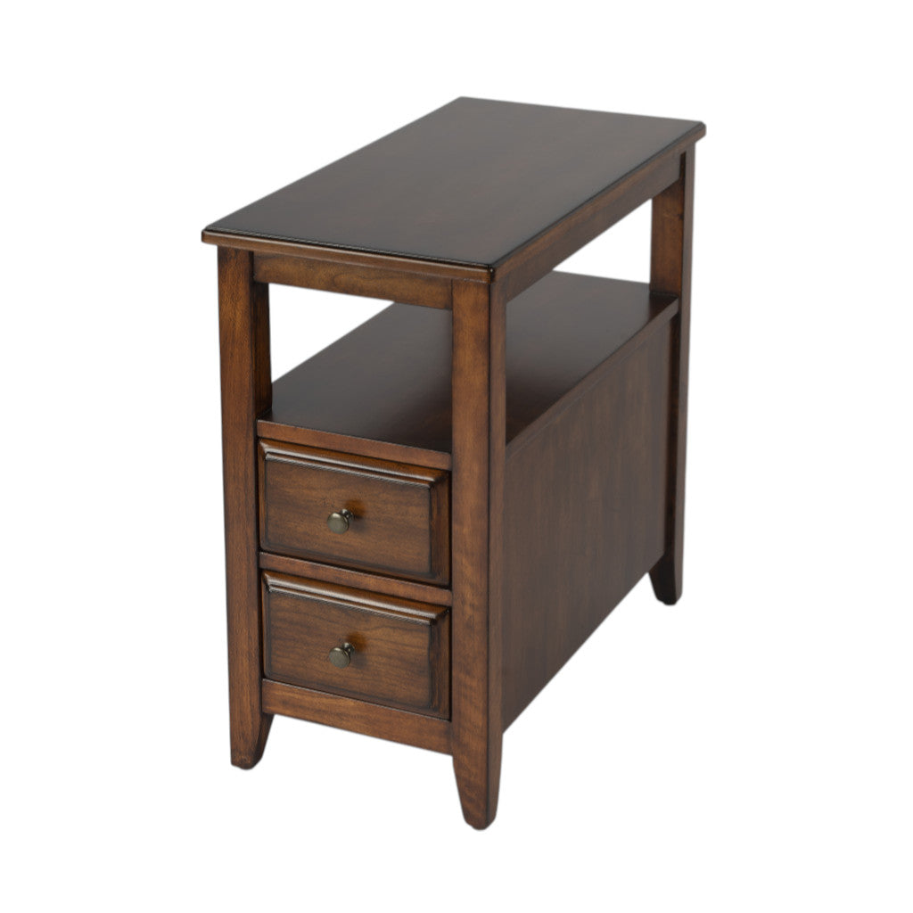 24" Brown Distressed End Table With Two Drawers And Shelf-End-Side Tables-DECOROLALA