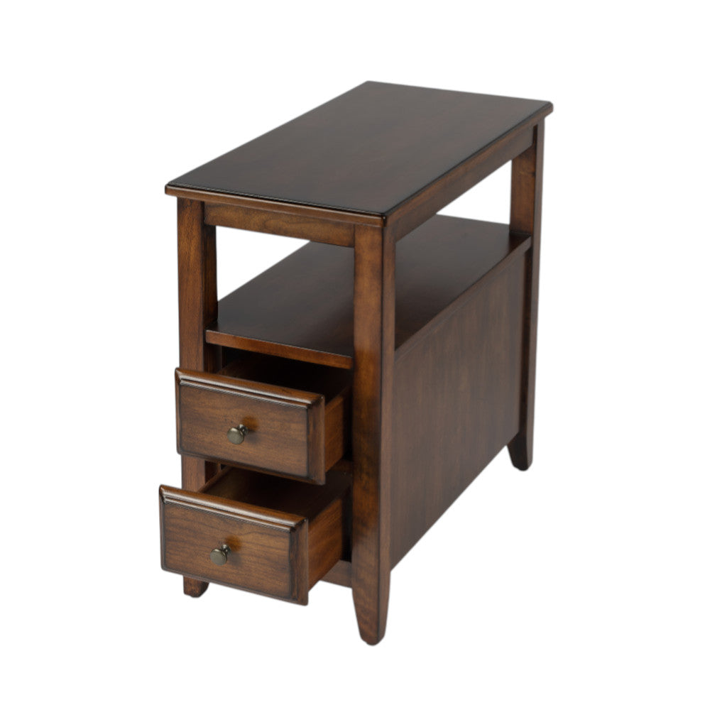 24" Brown Distressed End Table With Two Drawers And Shelf-End-Side Tables-DECOROLALA