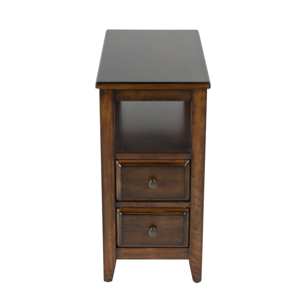 24" Brown Distressed End Table With Two Drawers And Shelf-End-Side Tables-DECOROLALA