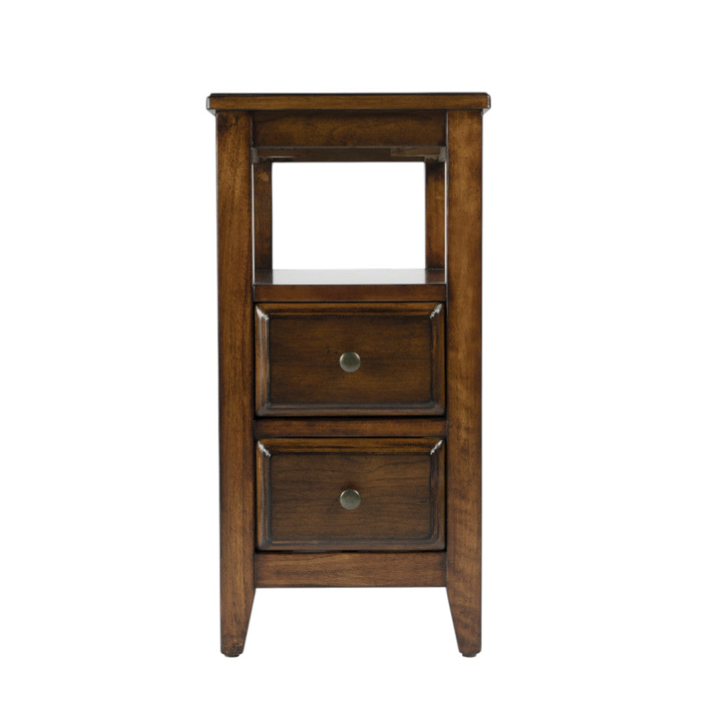 24" Brown Distressed End Table With Two Drawers And Shelf-End-Side Tables-DECOROLALA