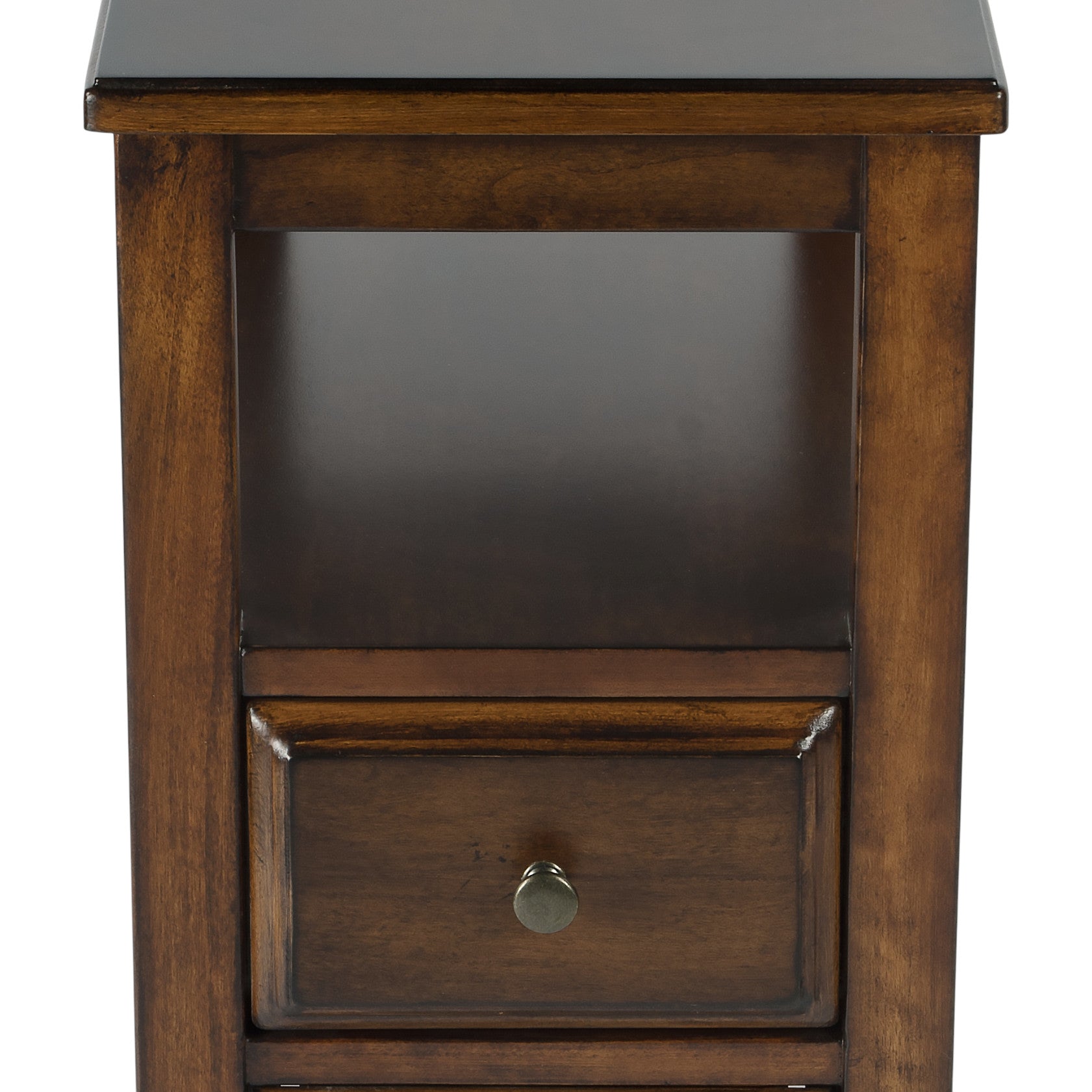 24" Brown Distressed End Table With Two Drawers And Shelf-End-Side Tables-DECOROLALA