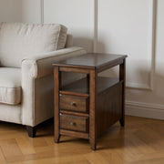 24" Brown Distressed End Table With Two Drawers And Shelf-End-Side Tables-DECOROLALA