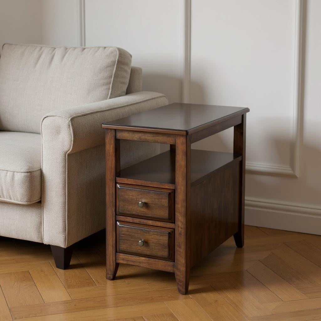 24" Brown Distressed End Table With Two Drawers And Shelf-End-Side Tables-DECOROLALA