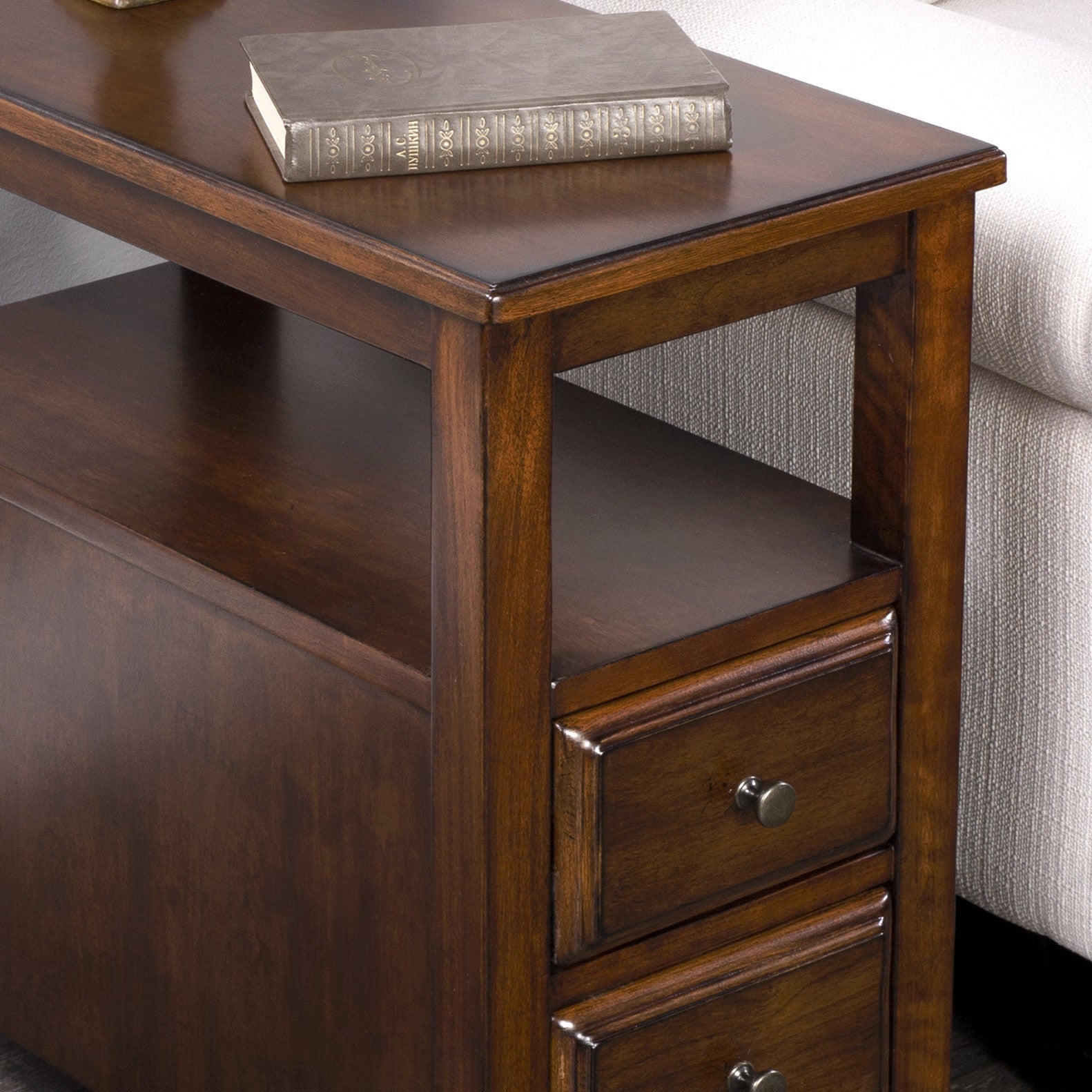 24" Brown Distressed End Table With Two Drawers And Shelf-End-Side Tables-DECOROLALA
