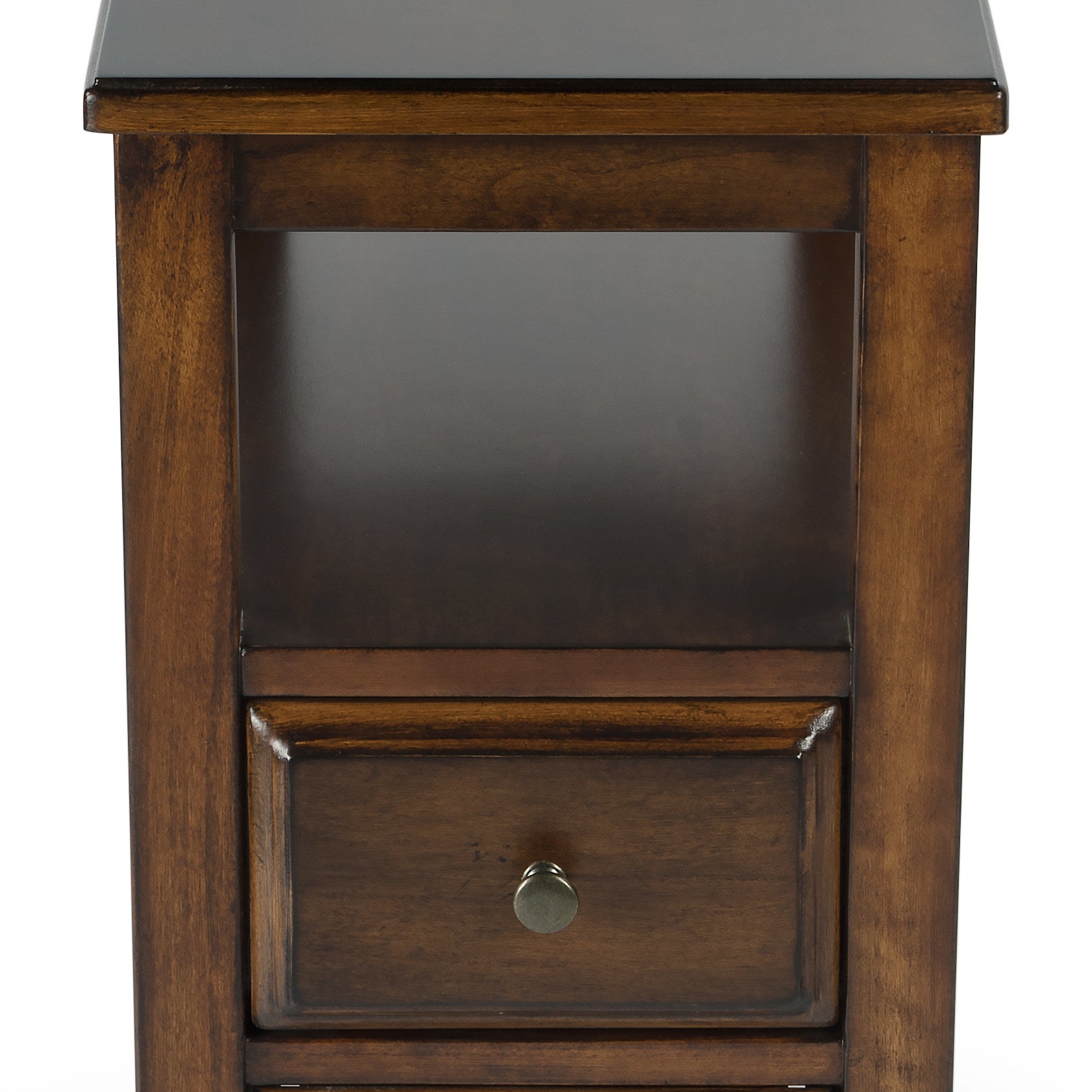 24" Brown Distressed End Table With Two Drawers And Shelf-End-Side Tables-DECOROLALA