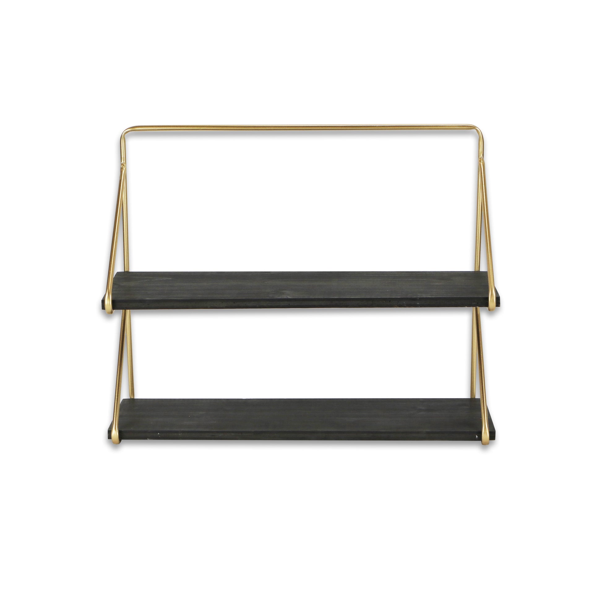 21" Dark Gray And Gold Metal And Wood Wall Mounted Tiered Shelf-Wall Mounted Shelves-DECOROLALA
