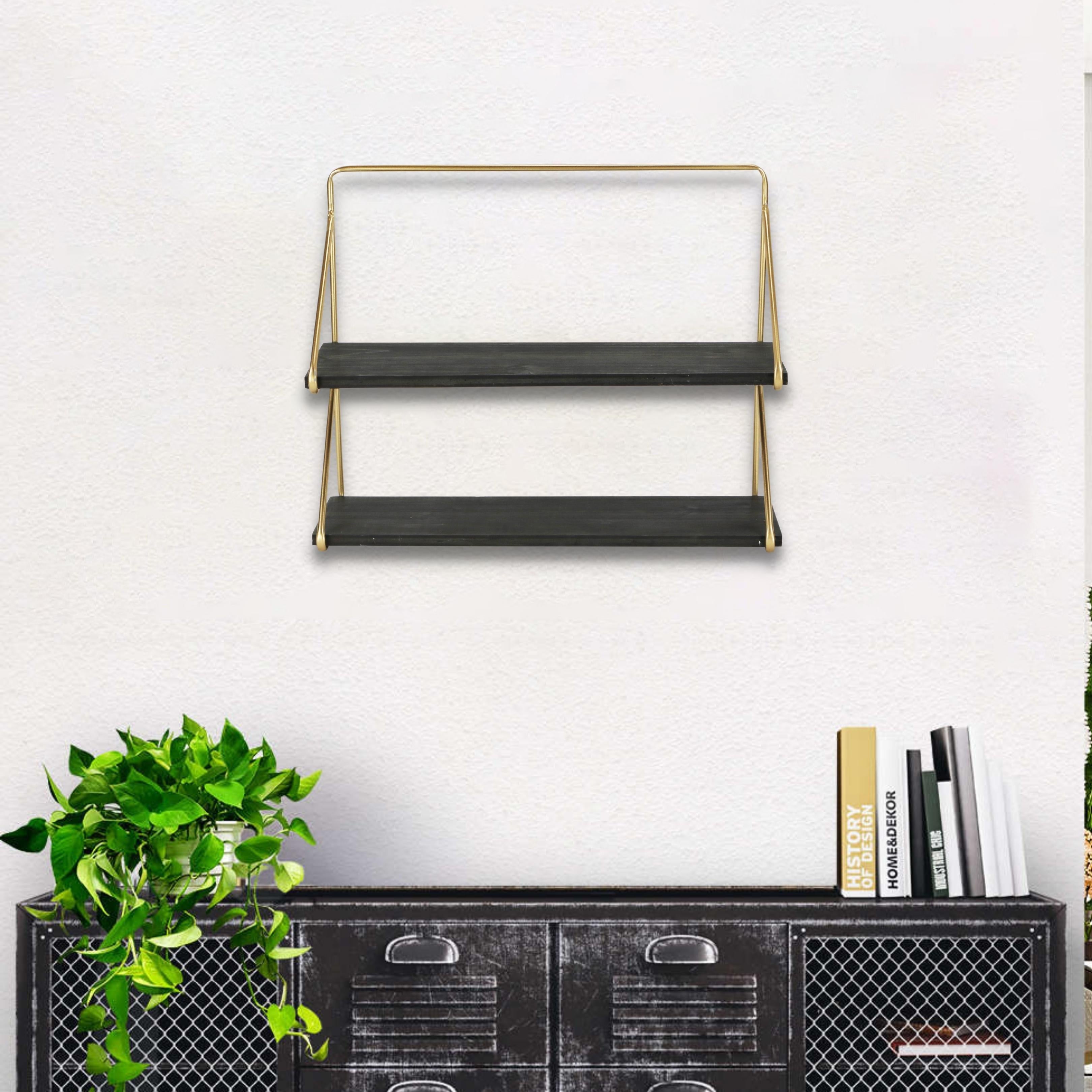 21" Dark Gray And Gold Metal And Wood Wall Mounted Tiered Shelf-Wall Mounted Shelves-DECOROLALA