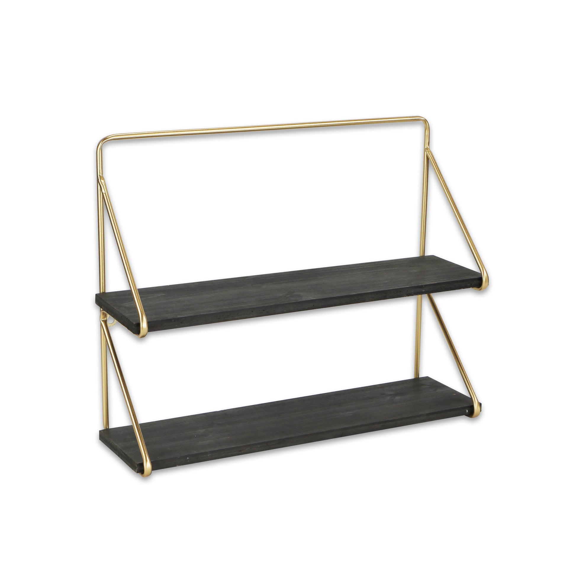 21" Dark Gray And Gold Metal And Wood Wall Mounted Tiered Shelf-Wall Mounted Shelves-DECOROLALA