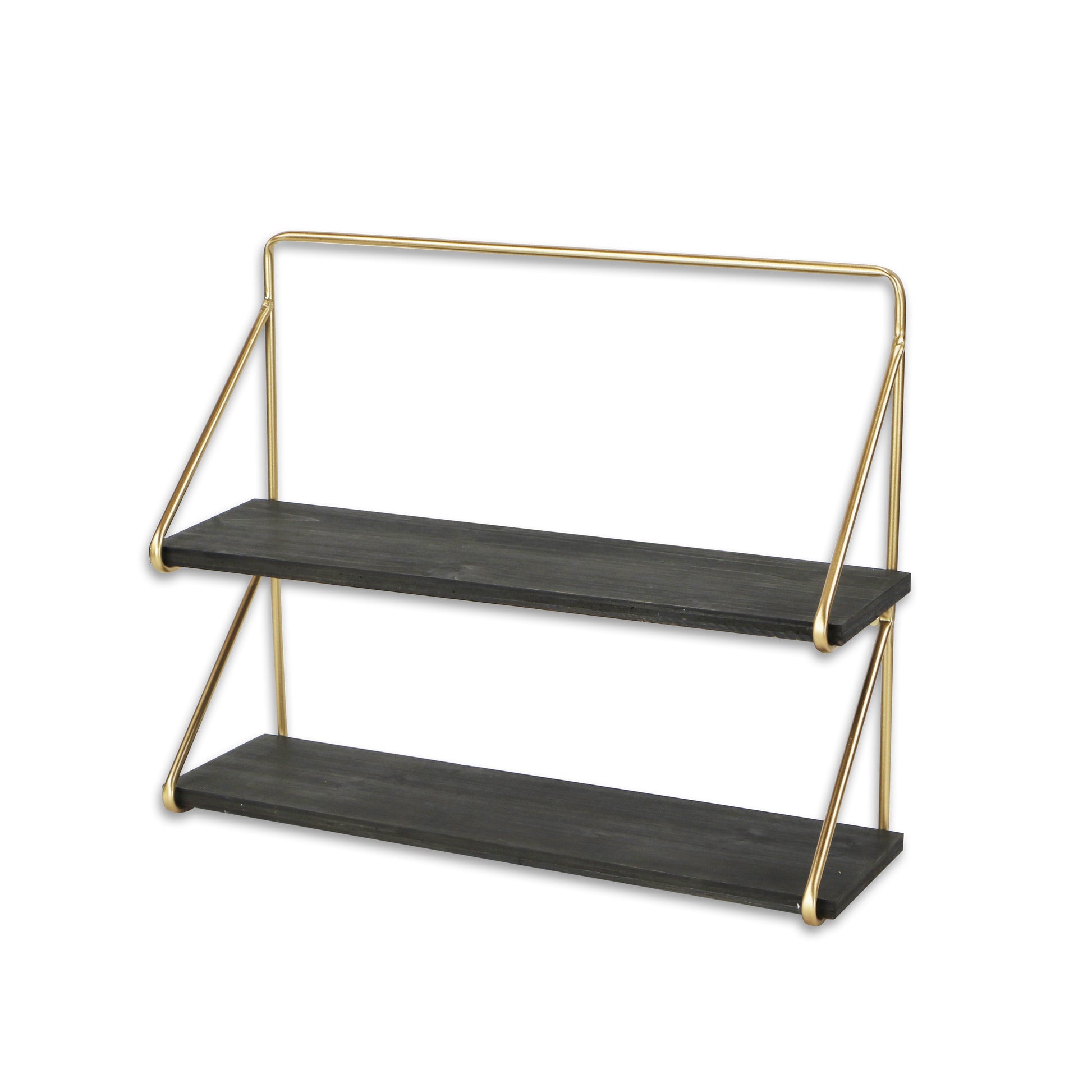 21" Dark Gray And Gold Metal And Wood Wall Mounted Tiered Shelf-Wall Mounted Shelves-DECOROLALA
