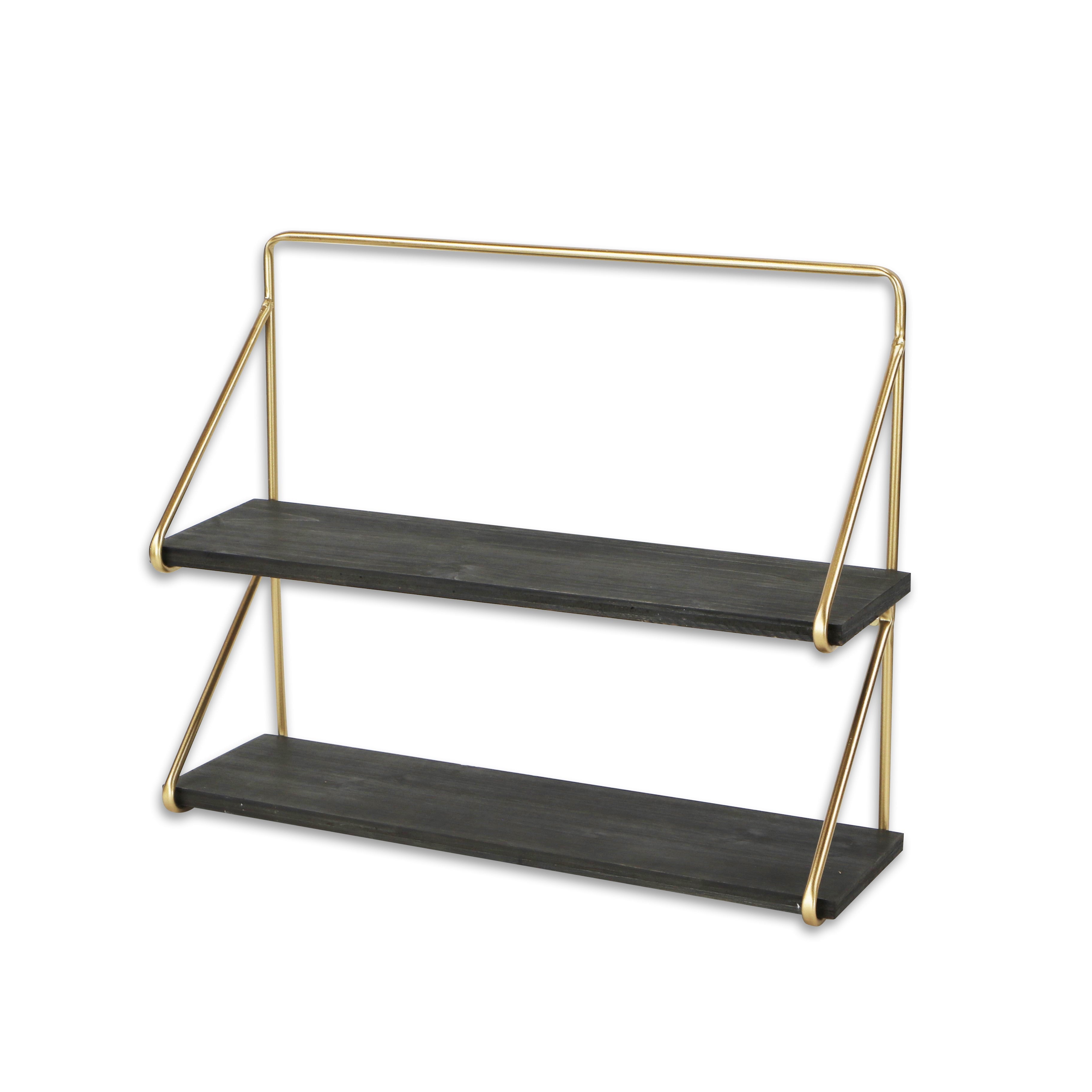 21" Dark Gray And Gold Metal And Wood Wall Mounted Tiered Shelf-Wall Mounted Shelves-DECOROLALA