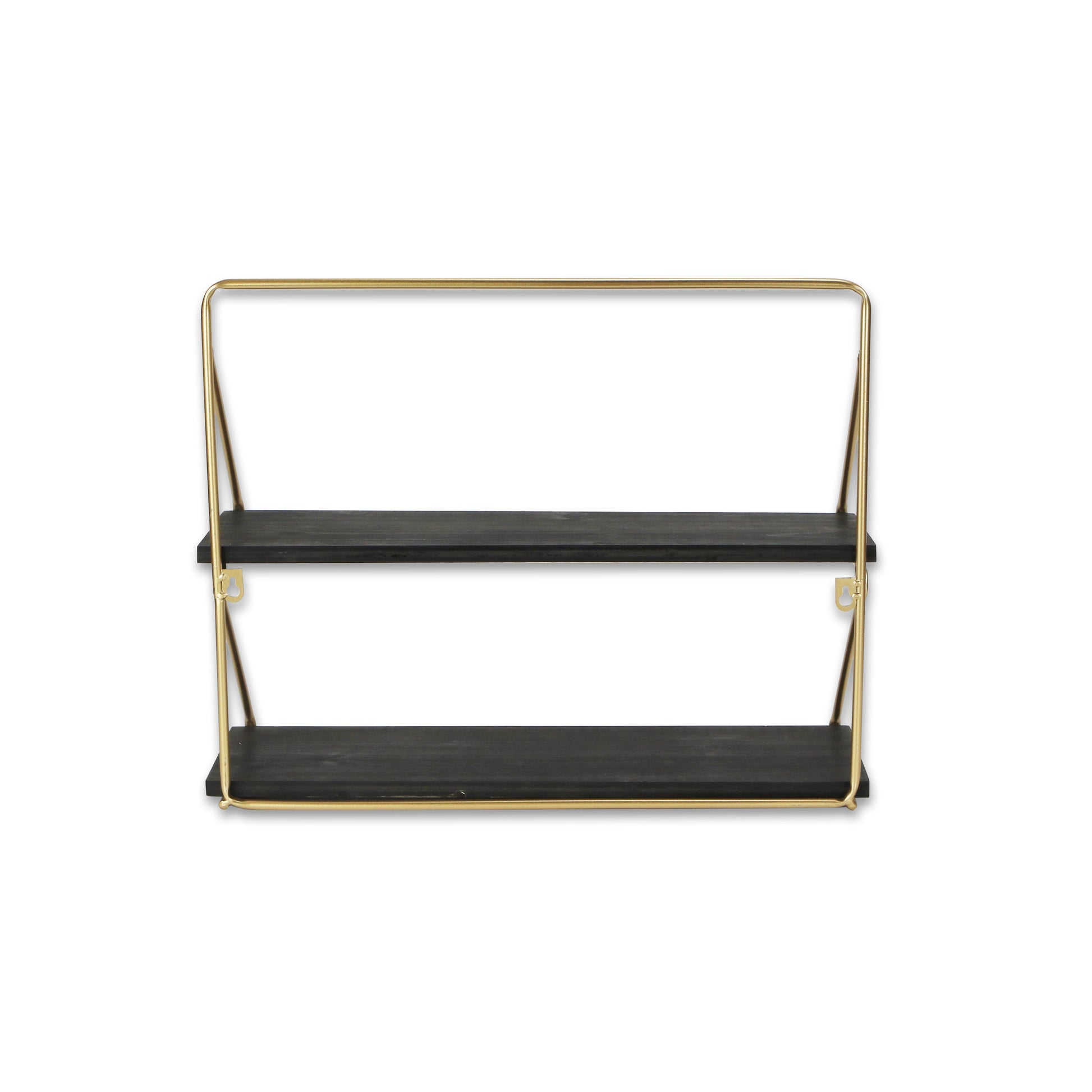 21" Dark Gray And Gold Metal And Wood Wall Mounted Tiered Shelf-Wall Mounted Shelves-DECOROLALA