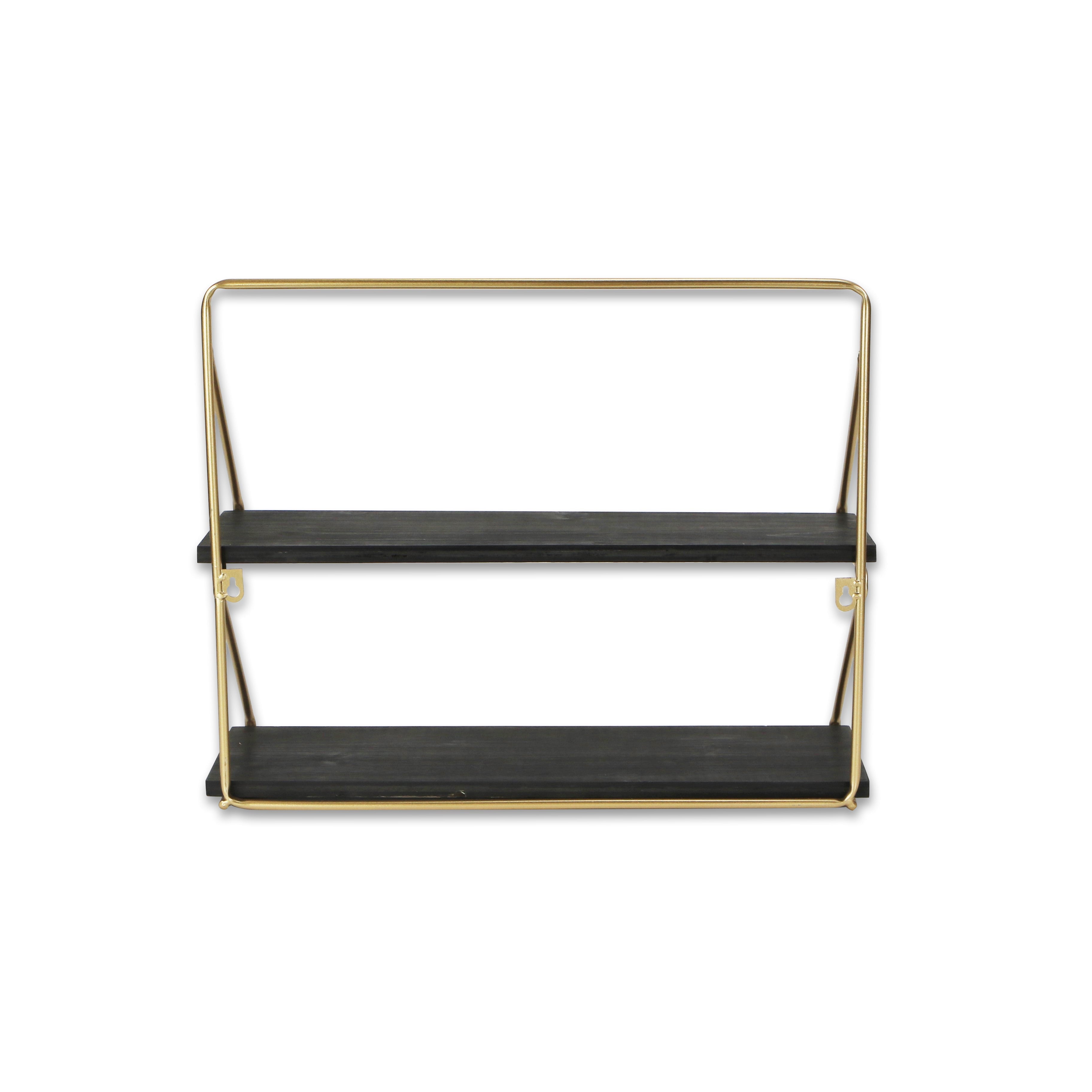 21" Dark Gray And Gold Metal And Wood Wall Mounted Tiered Shelf-Wall Mounted Shelves-DECOROLALA