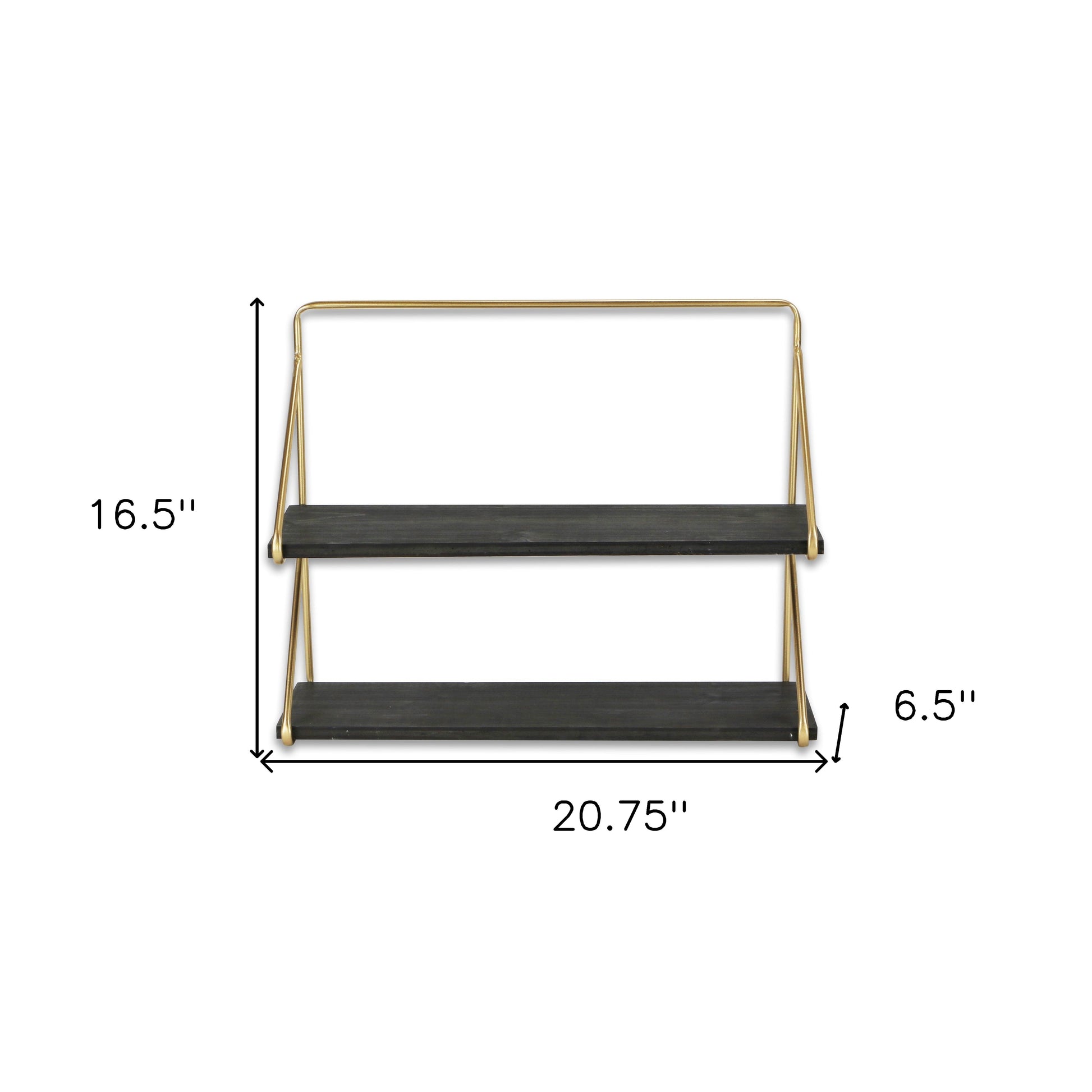 21" Dark Gray And Gold Metal And Wood Wall Mounted Tiered Shelf-Wall Mounted Shelves-DECOROLALA