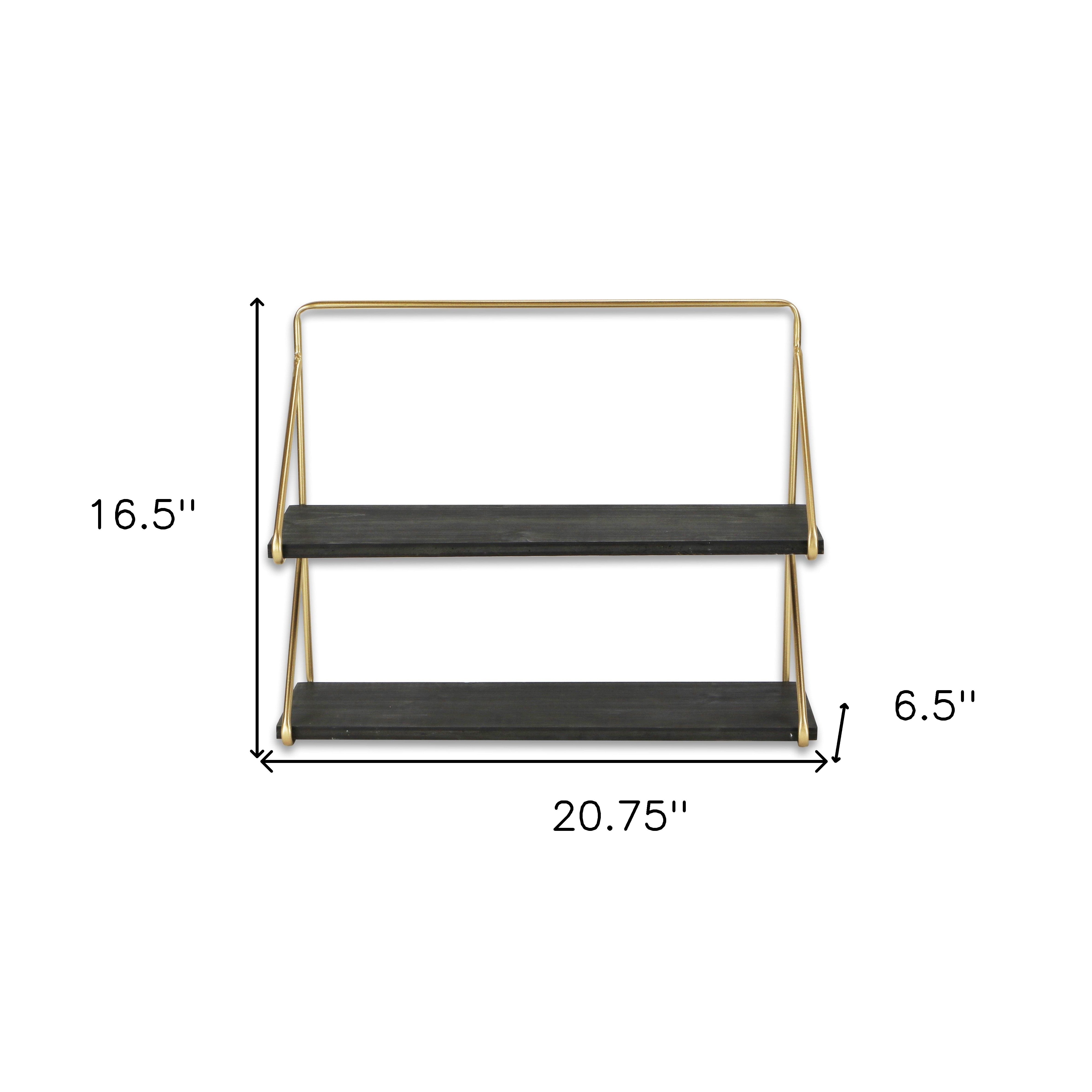 21" Dark Gray And Gold Metal And Wood Wall Mounted Tiered Shelf-Wall Mounted Shelves-DECOROLALA