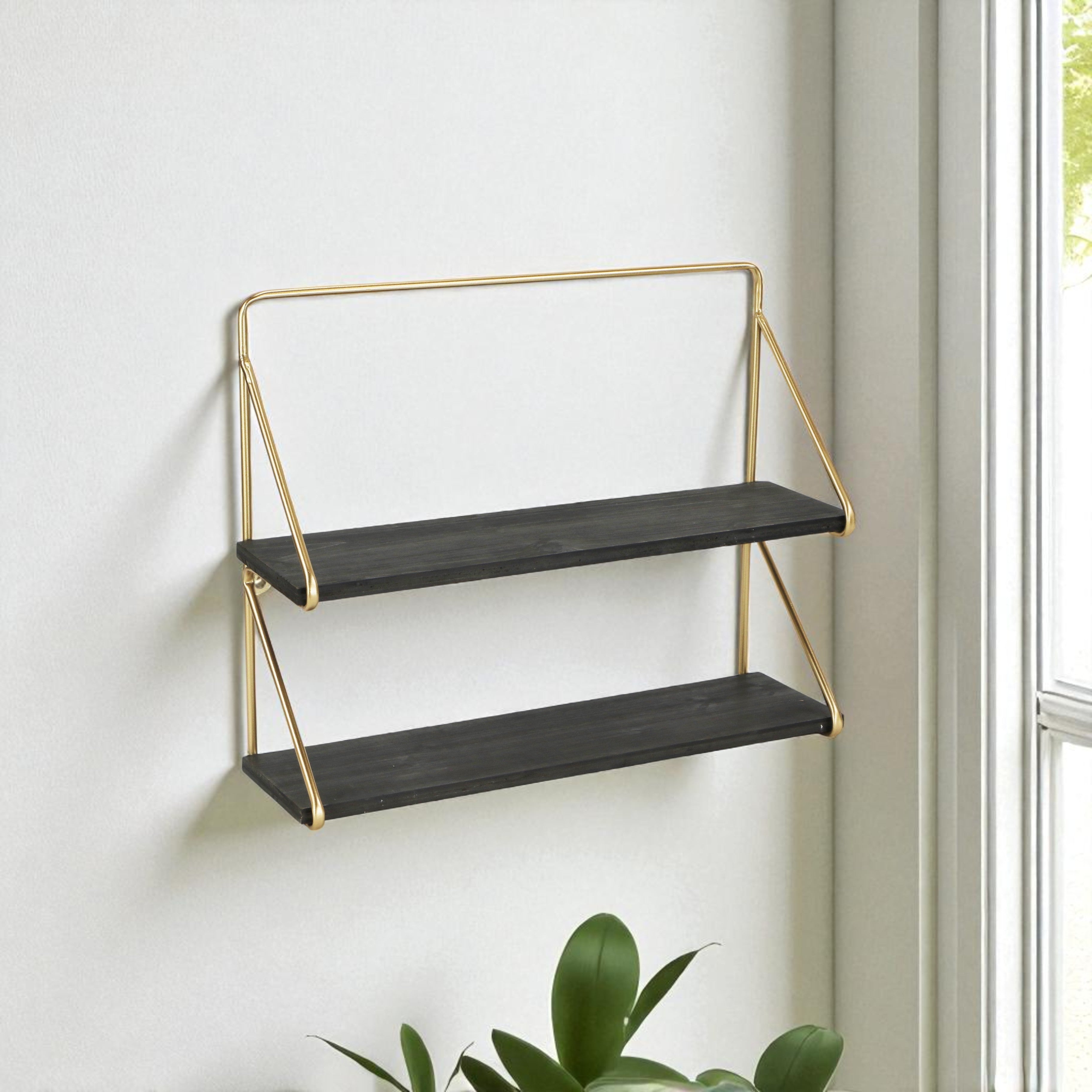 21" Dark Gray And Gold Metal And Wood Wall Mounted Tiered Shelf-Wall Mounted Shelves-DECOROLALA