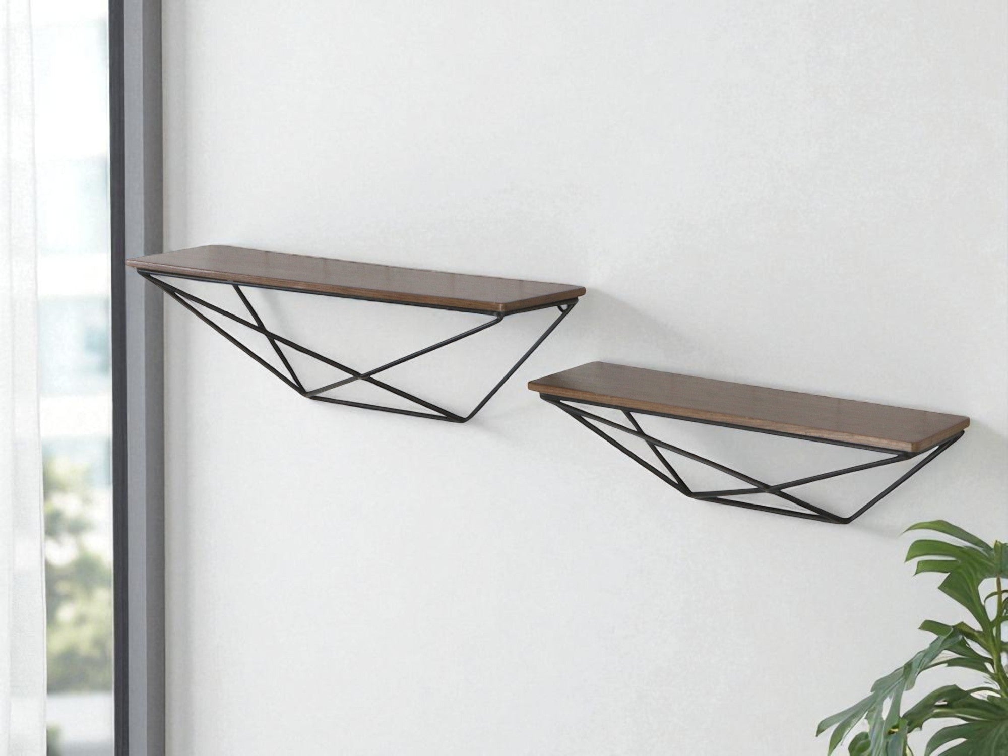 Set Of Two Black And Brown Wood And Metal Wall Mounted Accent Shelf-Wall Mounted Shelves-DECOROLALA
