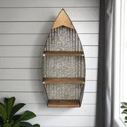 23" Brown And Gray Galvanized Metal And Wood Wall Mounted Boat Shelf-Wall Mounted Shelves-DECOROLALA