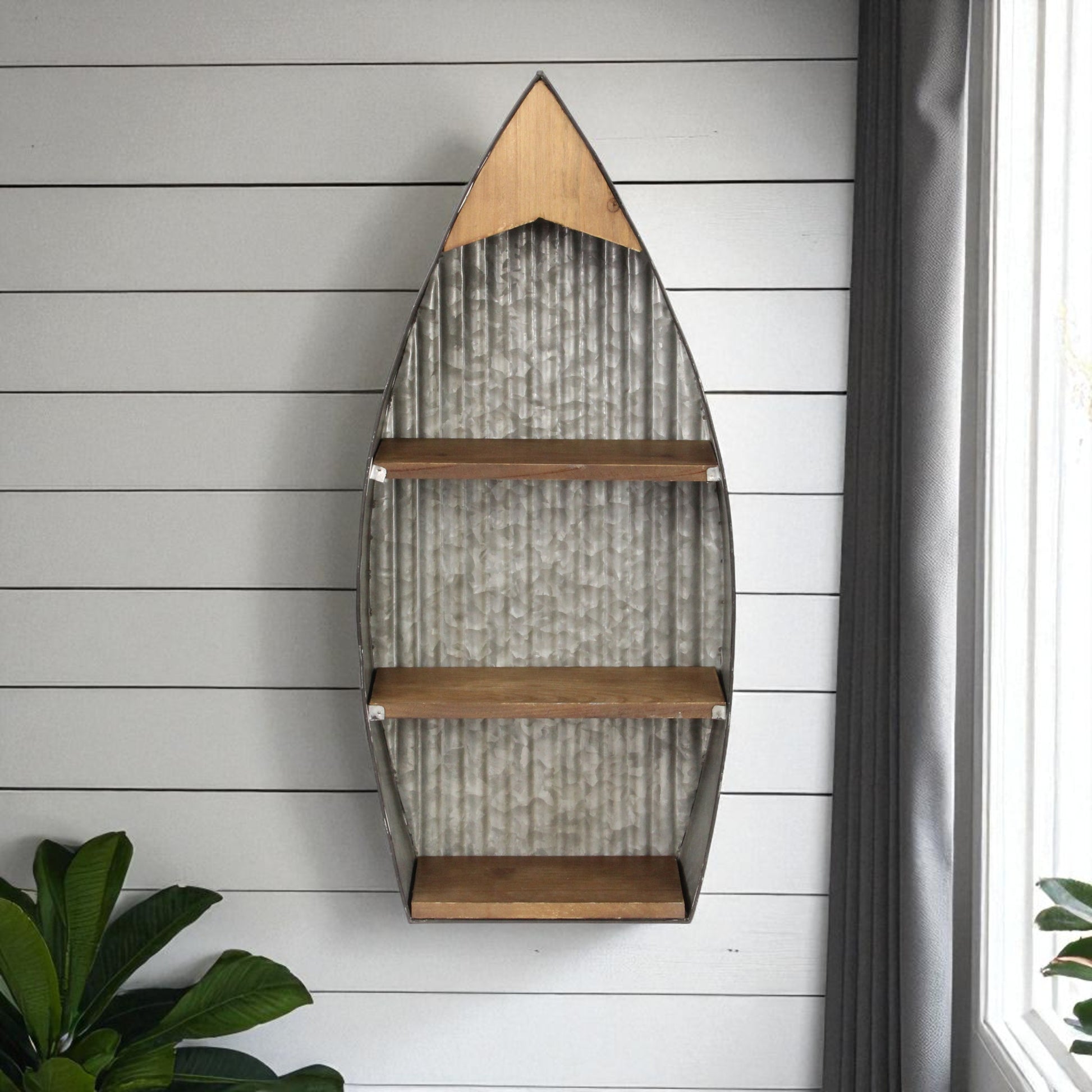 23" Brown And Gray Galvanized Metal And Wood Wall Mounted Boat Shelf-Wall Mounted Shelves-DECOROLALA