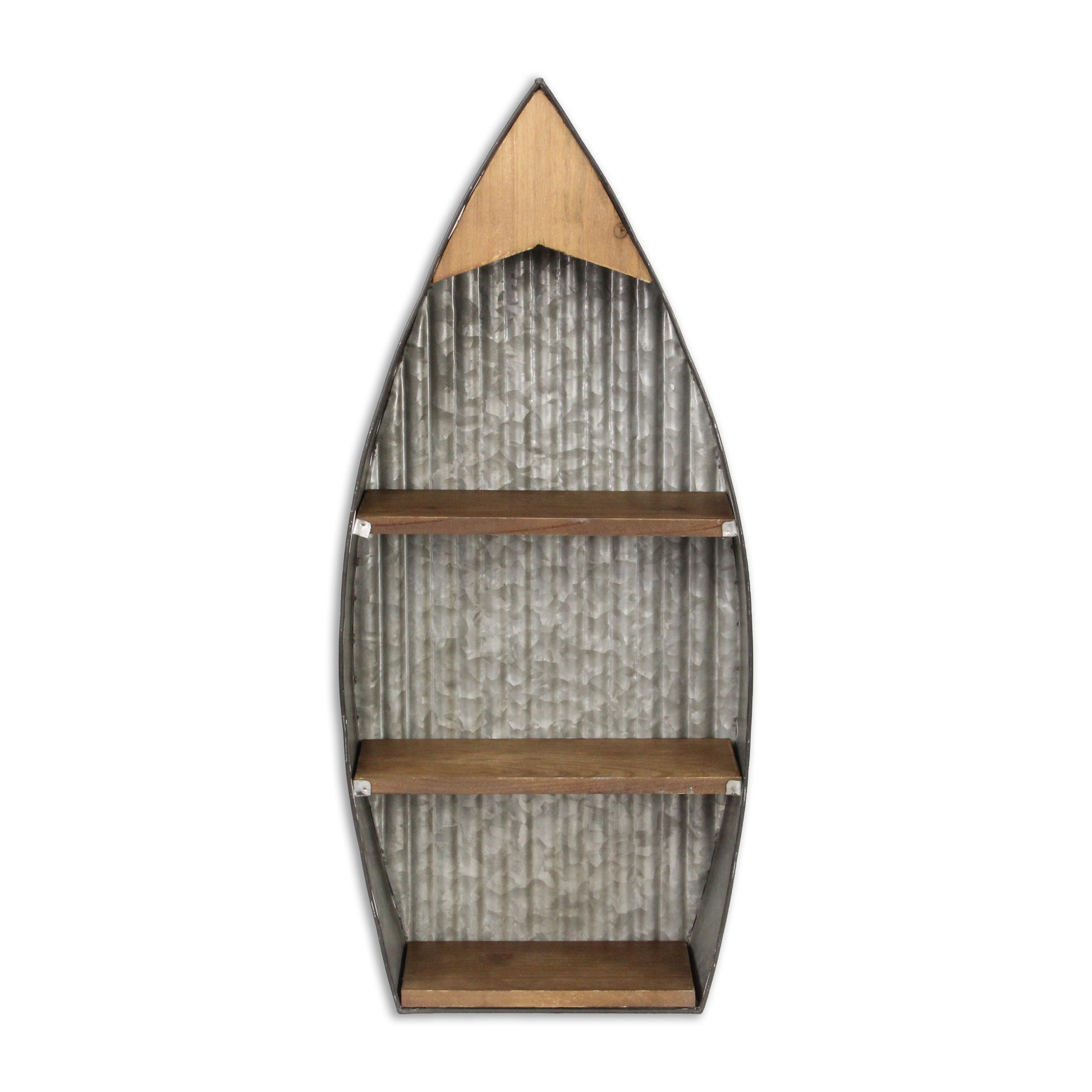 23" Brown And Gray Galvanized Metal And Wood Wall Mounted Boat Shelf-Wall Mounted Shelves-DECOROLALA