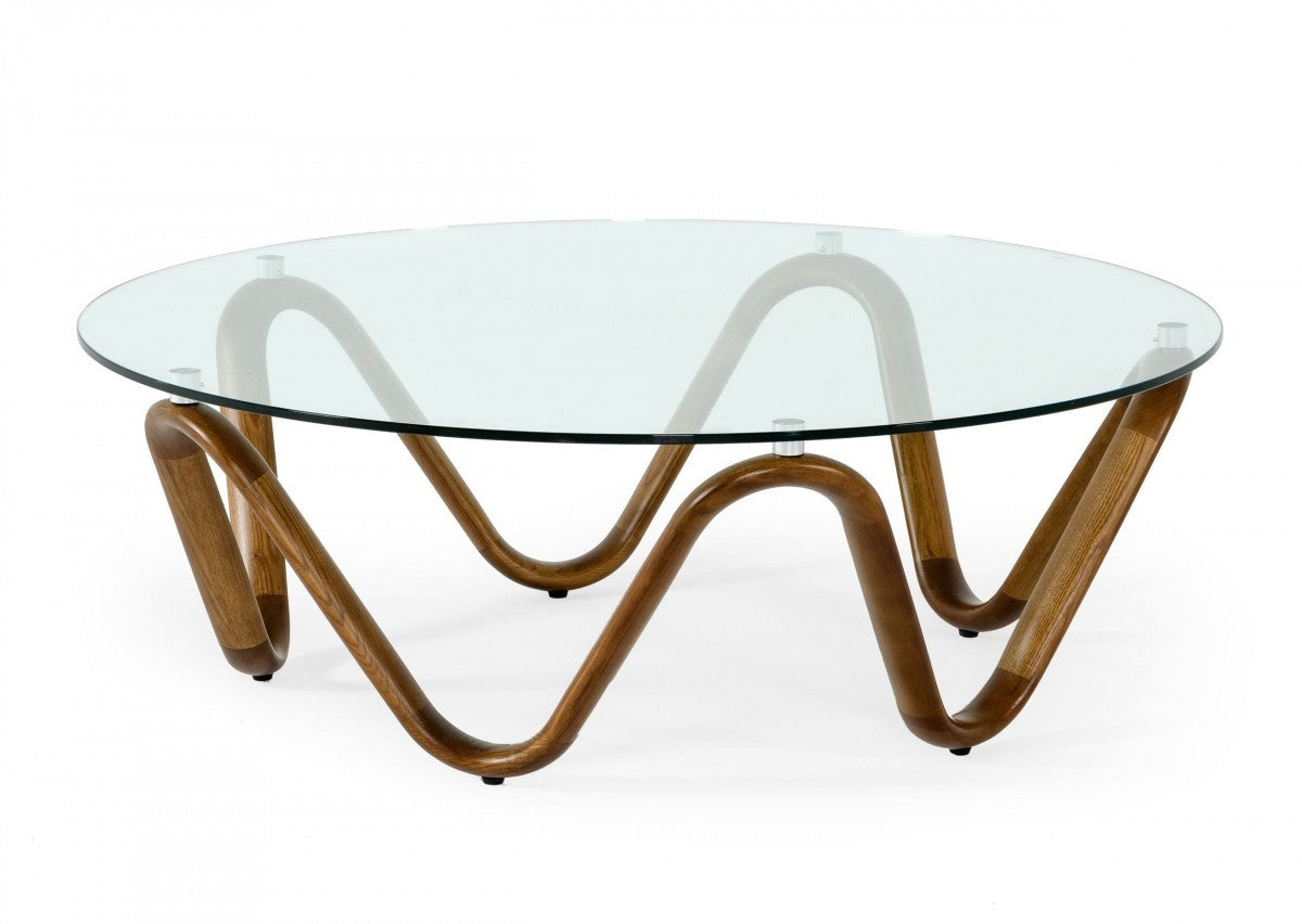 45" Clear and Brown Glass And Solid Wood Round Abstract Coffee Table-Coffee Tables-DECOROLALA