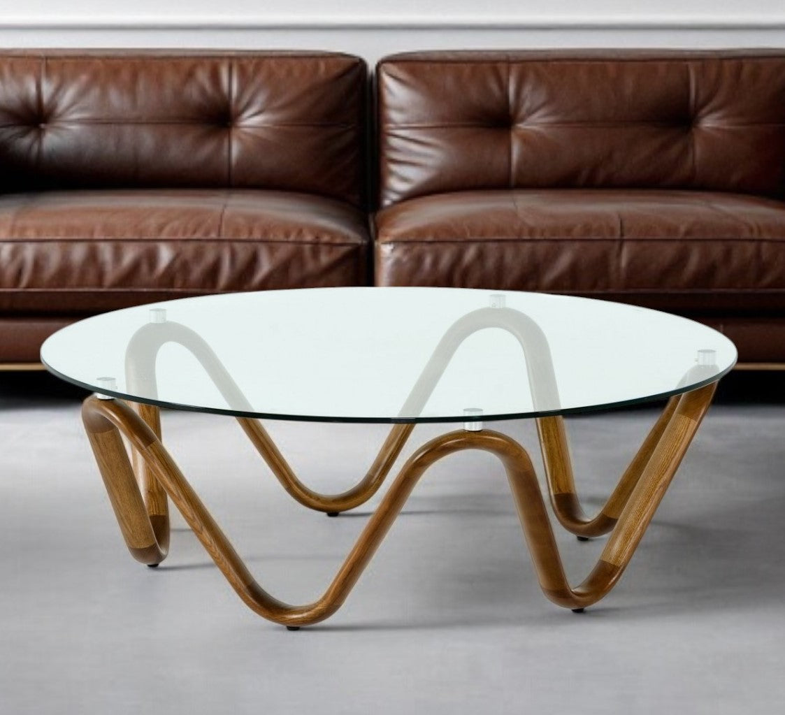 45" Clear and Brown Glass And Solid Wood Round Abstract Coffee Table-Coffee Tables-DECOROLALA