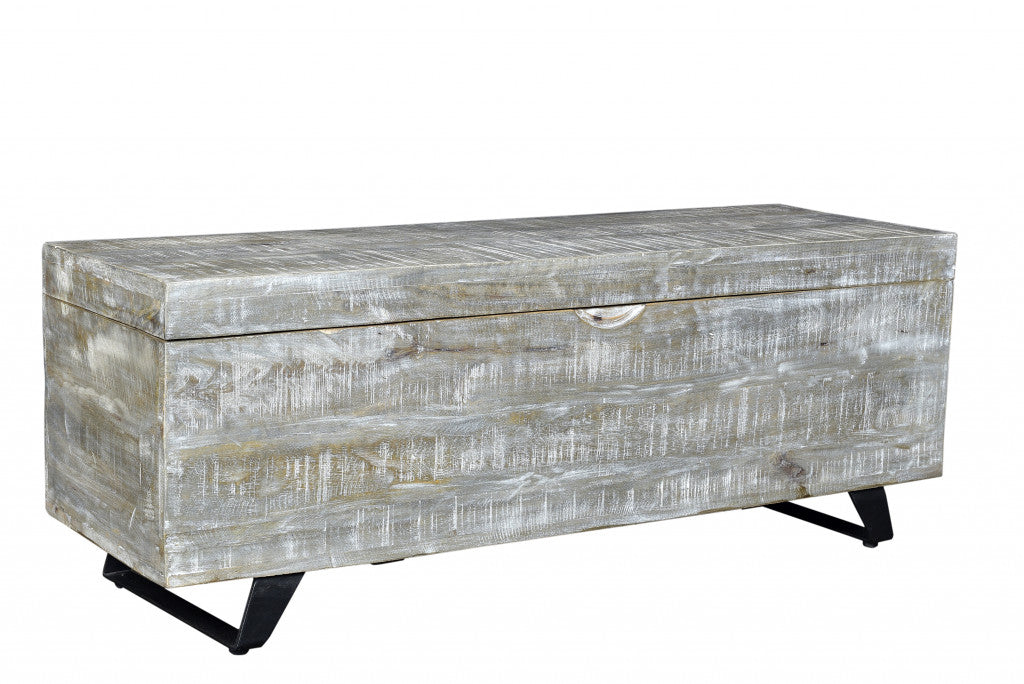 46" Gray and Black Distressed Solid Wood Storage Bench with Flip Top-Benches-DECOROLALA