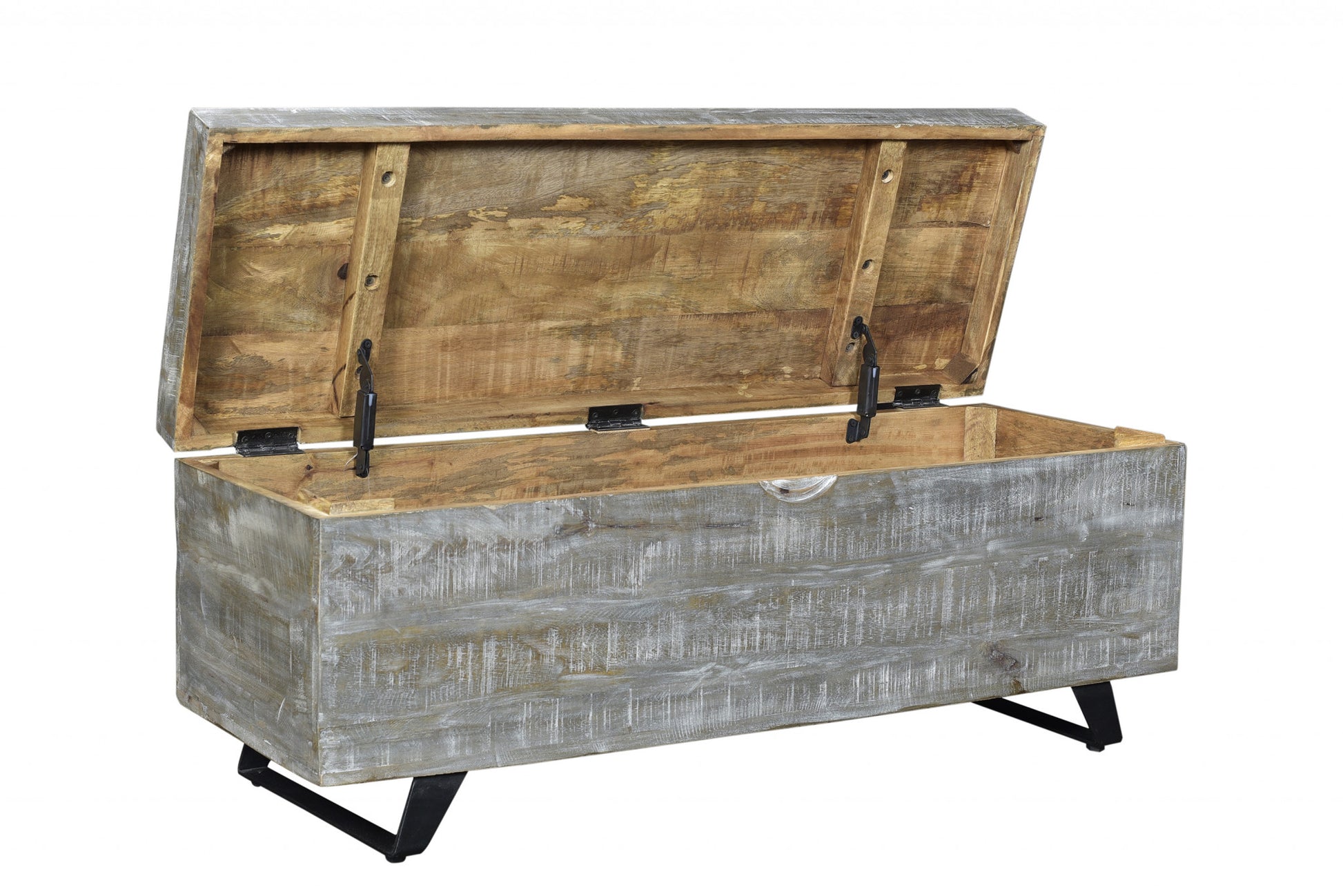 46" Gray and Black Distressed Solid Wood Storage Bench with Flip Top-Benches-DECOROLALA