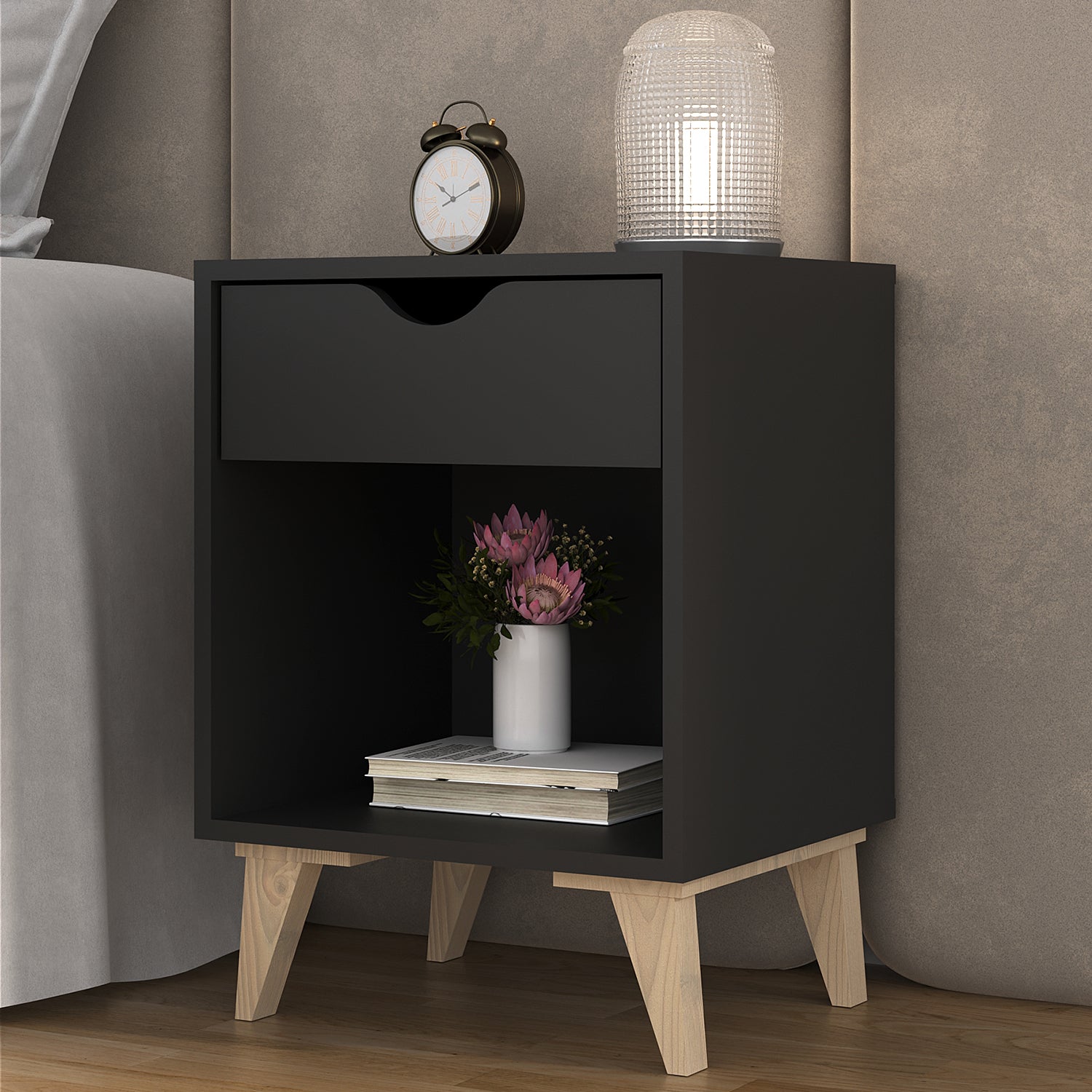 22" Black One Drawer Nightstand-Nightstands & Bedside Tables-DECOROLALA