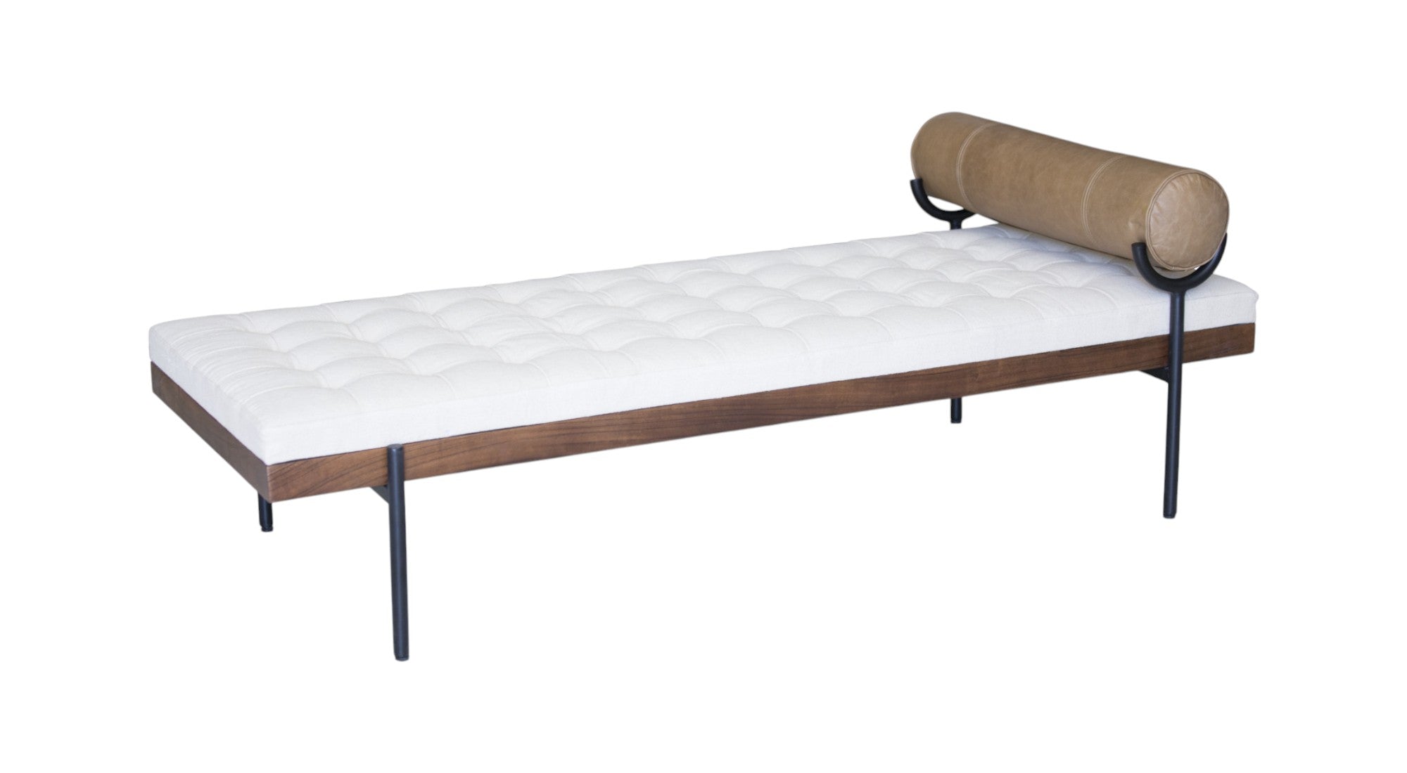 72" Ivory Brown And Black Tufted Cotton Wood And Metal Cushioned Bench With Pillow-Benches-DECOROLALA