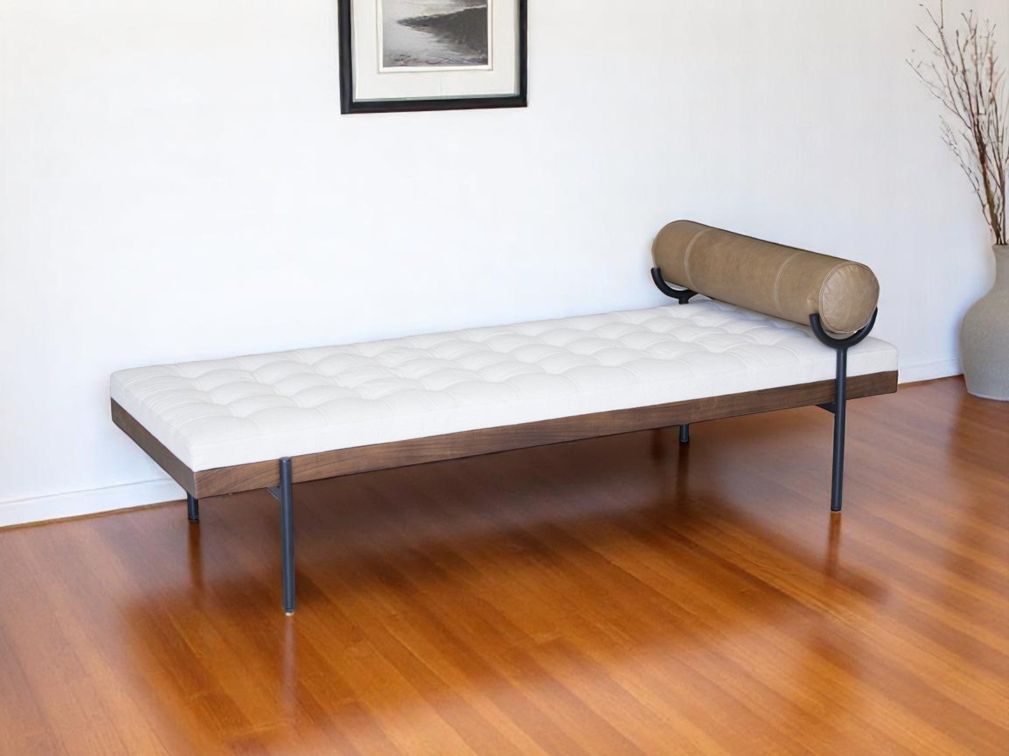 72" Ivory Brown And Black Tufted Cotton Wood And Metal Cushioned Bench With Pillow-Benches-DECOROLALA