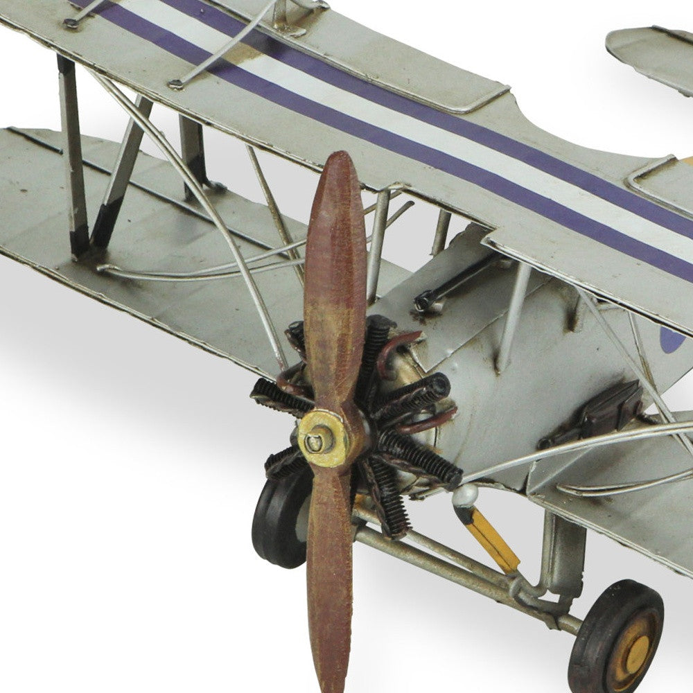 5" Blue and Gray Metal Hand Painted Model Airplane Tabletop Sculpture-Sculptures-DECOROLALA