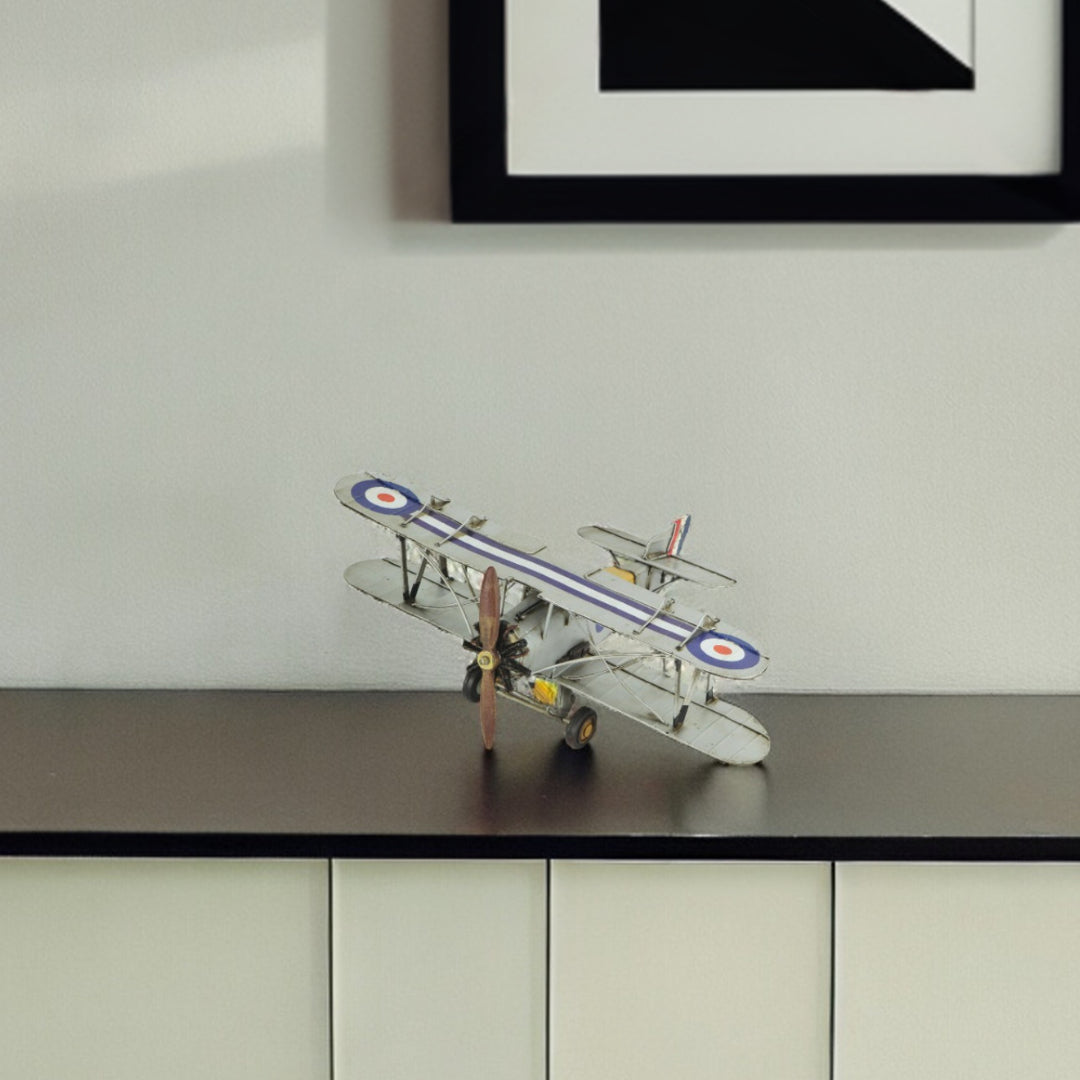 5" Blue and Gray Metal Hand Painted Model Airplane Tabletop Sculpture-Sculptures-DECOROLALA