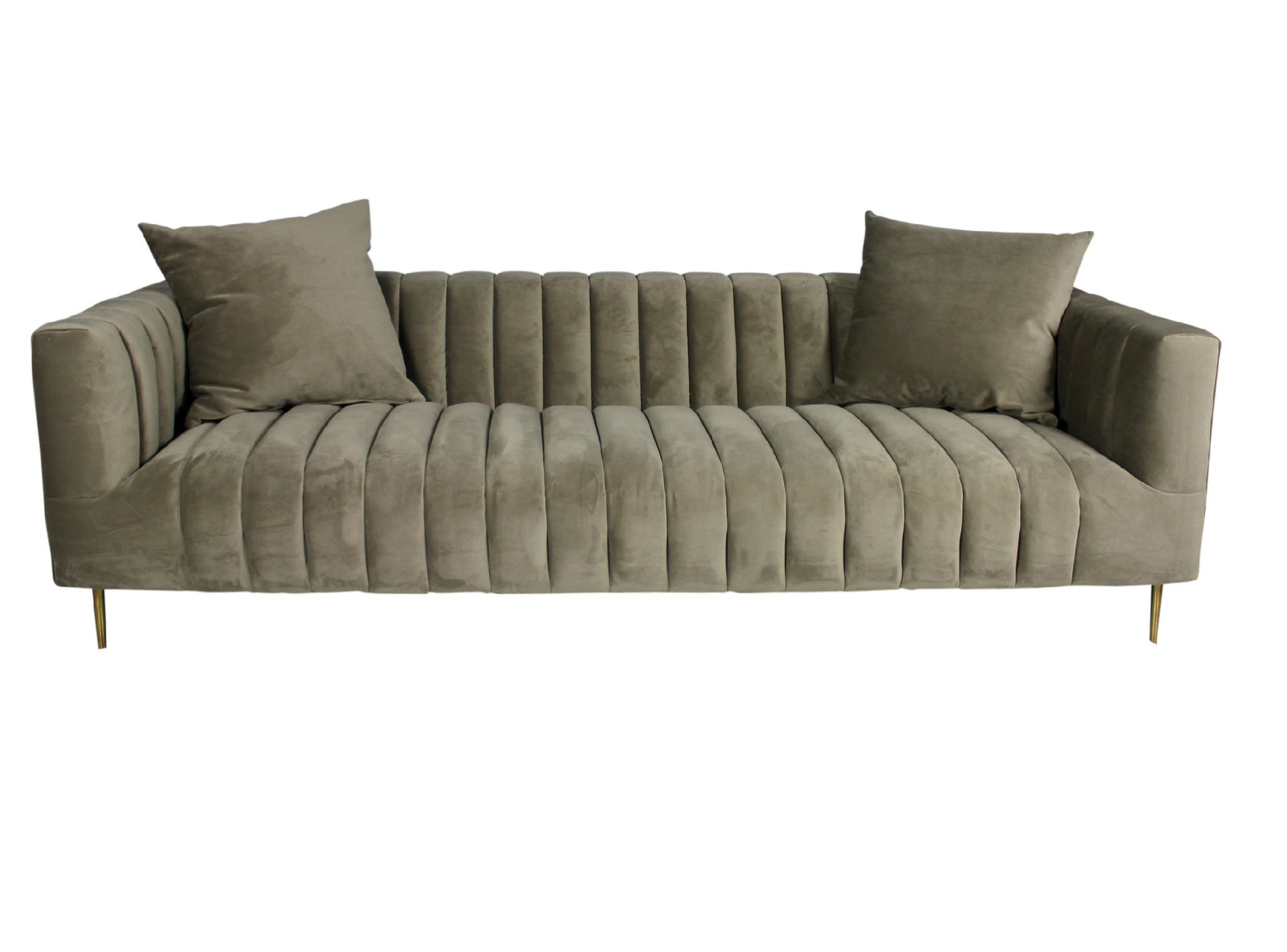 90" Gray Brown Velvet Sofa And Toss Pillows With Gold Legs-1