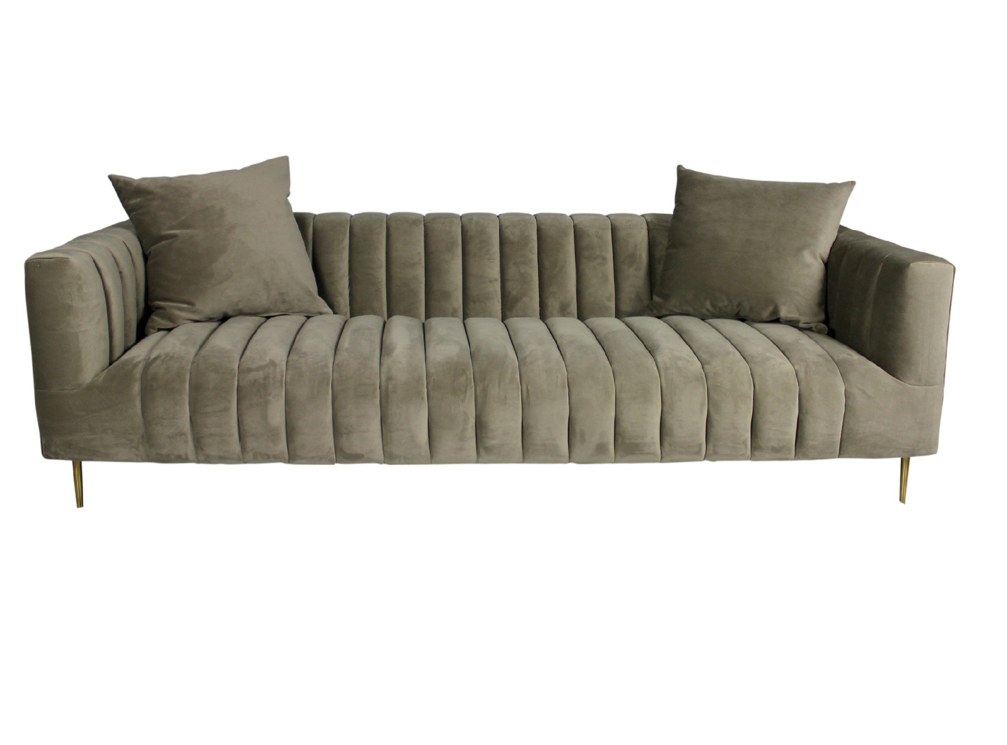 90" Gray Brown Velvet Sofa And Toss Pillows With Gold Legs-1