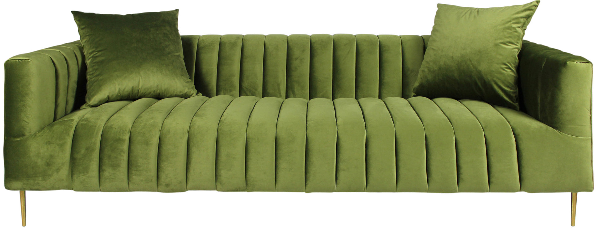 90" Olive Green Velvet Sofa And Toss Pillows With Gold Legs-1