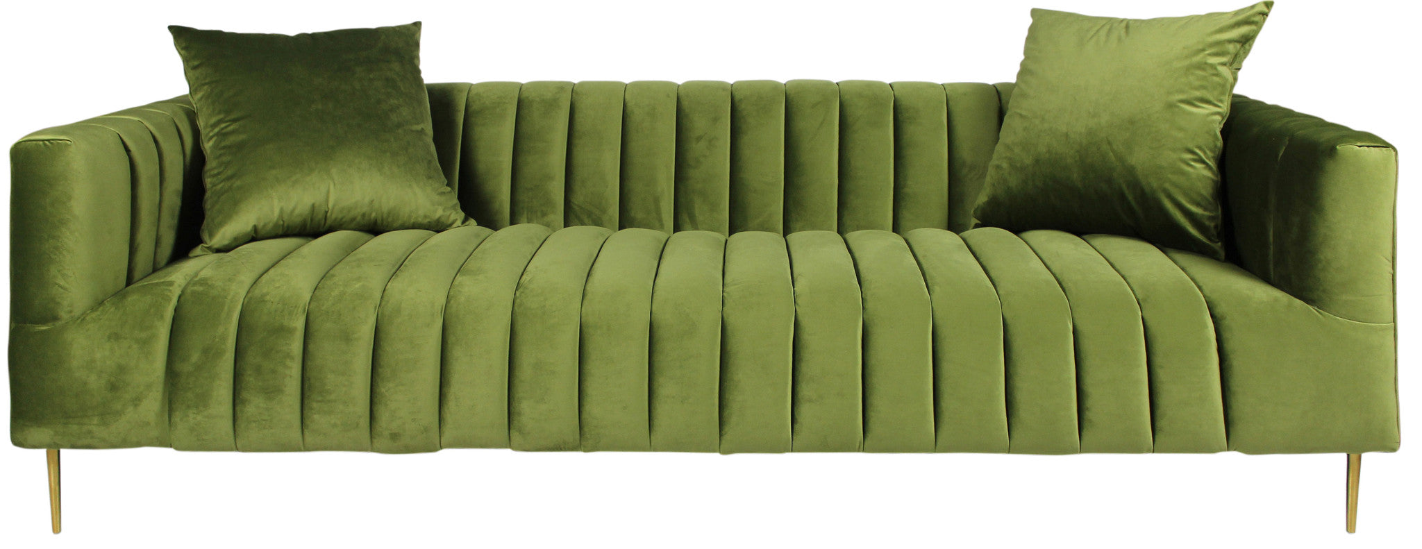 90" Olive Green Velvet Sofa And Toss Pillows With Gold Legs-1