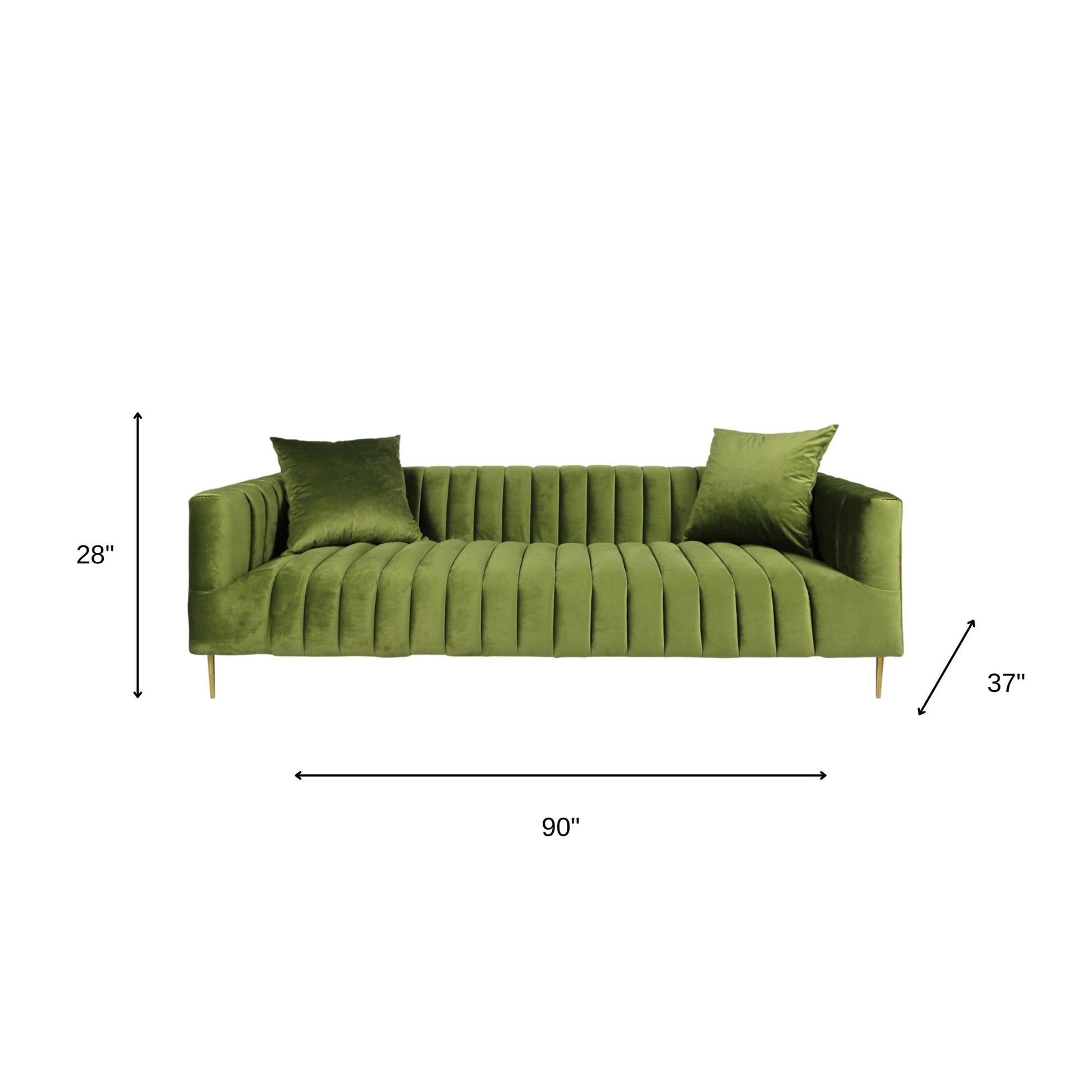 90" Olive Green Velvet Sofa And Toss Pillows With Gold Legs-7